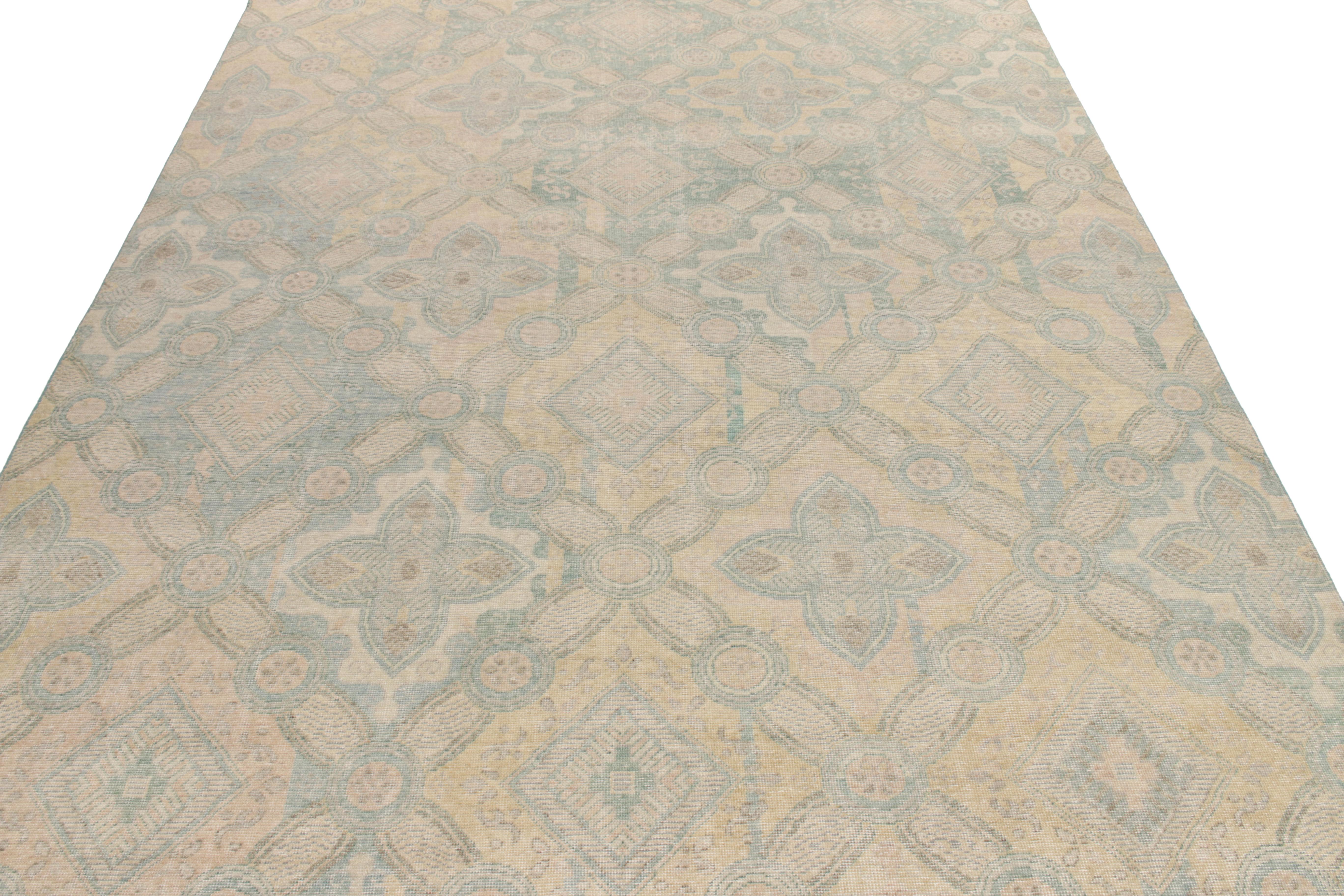 A 9x12 cream and blue floral rug, joining the Homage Collection by Rug & Kilim. Hand knotted in wool, drawing inspiration from European floral motifs akin to English and French Art Deco design sensibilities. 

Further on the Design: Varied color