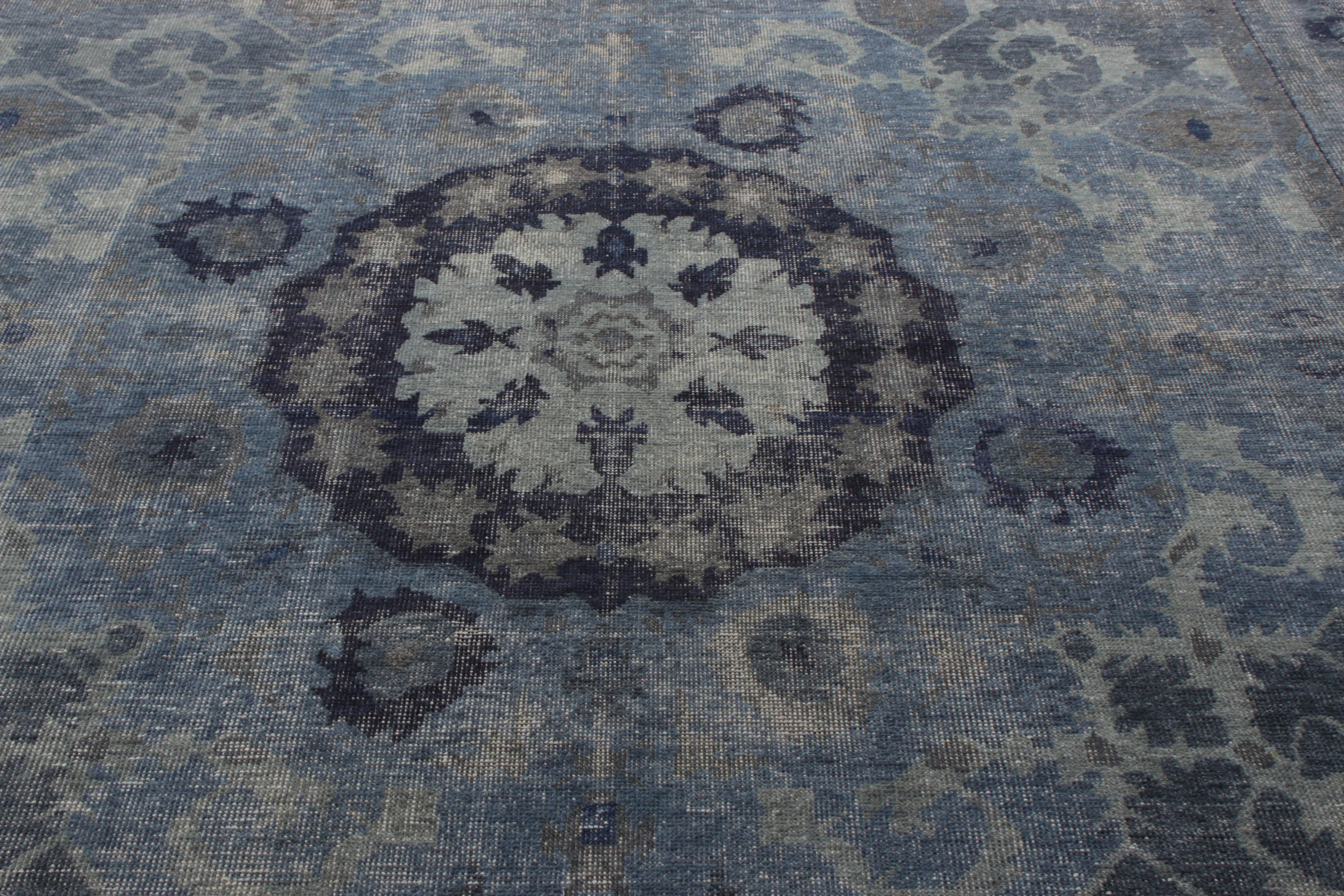 Indian Rug & Kilim’s Distressed Transitional Style Rug in Blue, Gray Medallion Pattern For Sale