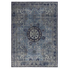 Rug & Kilim’s Distressed Transitional Style Rug in Blue, Gray Medallion Pattern