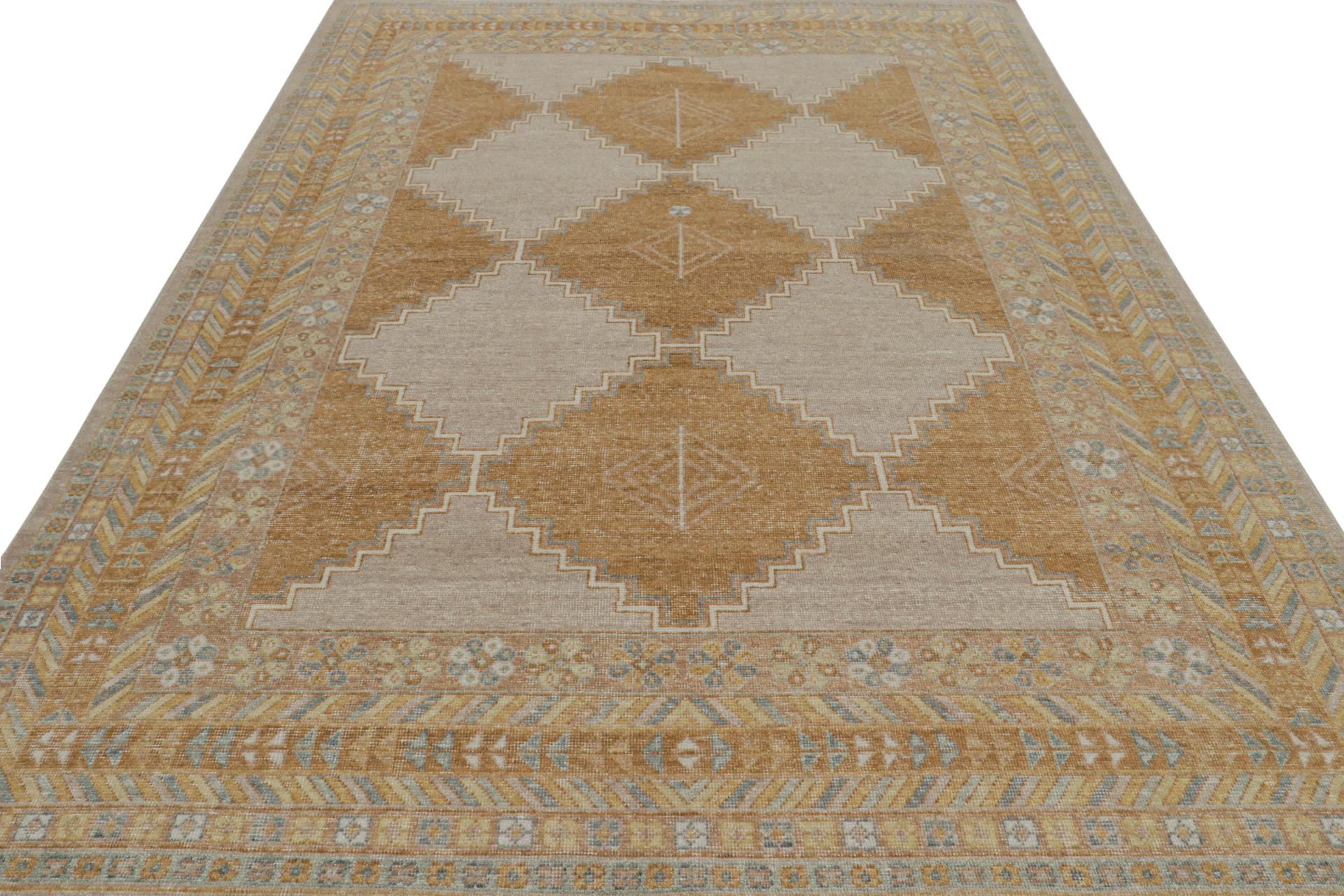 Modern Rug & Kilim’s Distressed Tribal Rug In Beige, Brown and Gold Patterns For Sale