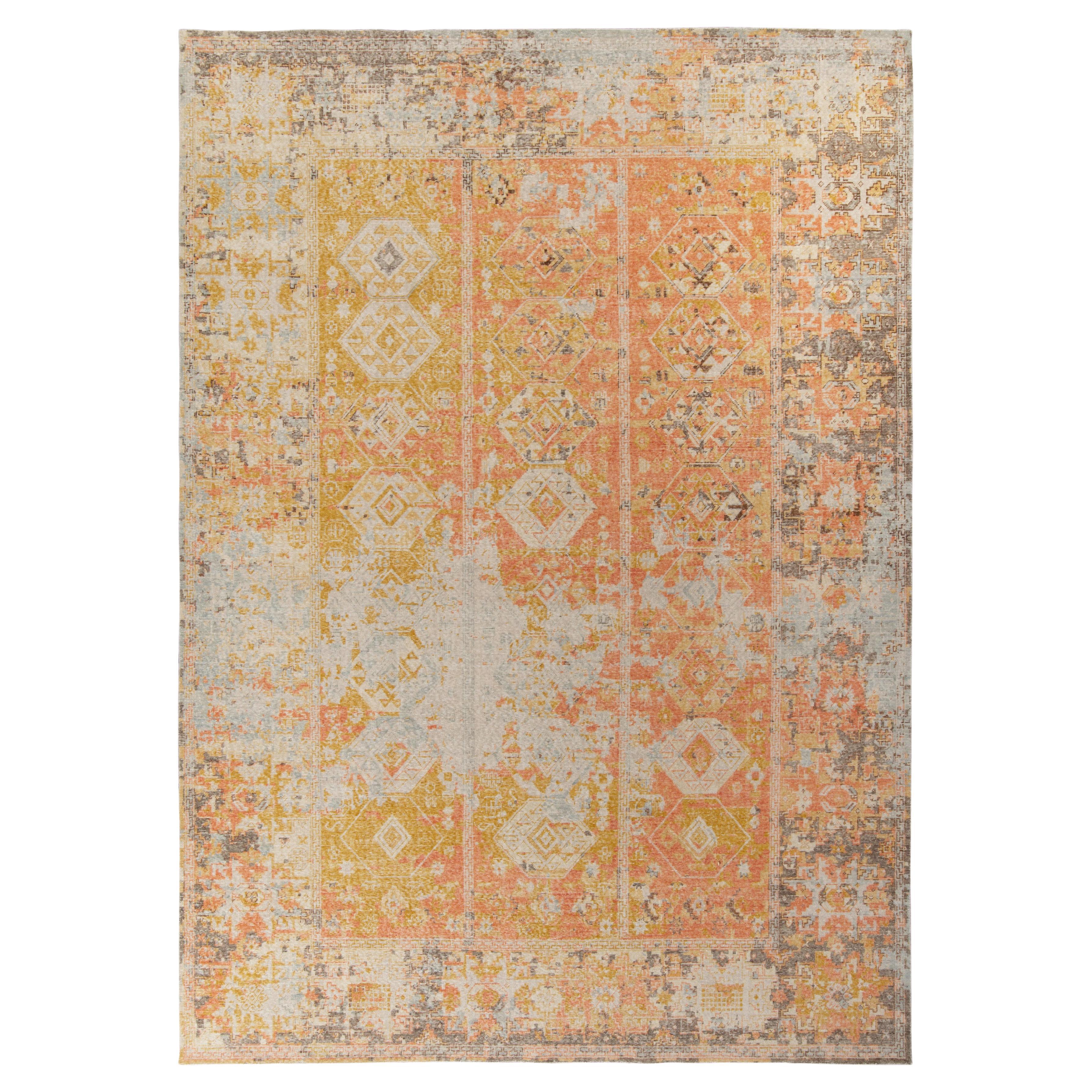 Rug & Kilim’s Distressed Tribal Style Custom Rug in Yellow, Red Geometric Patter For Sale