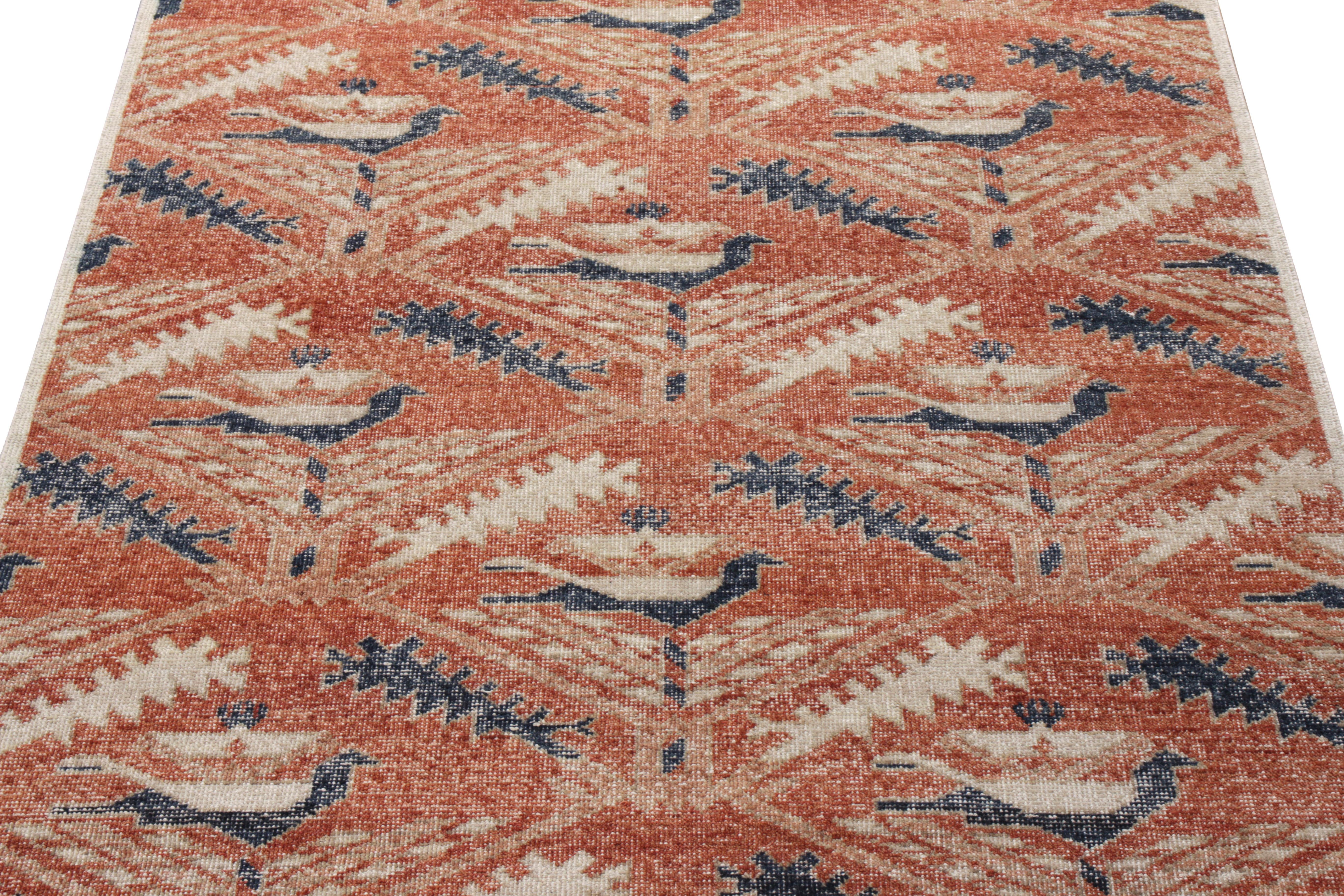 A 5 X 7 example of a hand-knotted wool custom rug from Rug & Kilim’s Homage Collection. This tribal-inspired piece enjoys a symmetric geometric pattern that lends a unique pagination to this textural, distressed style. The employment of gorgeous