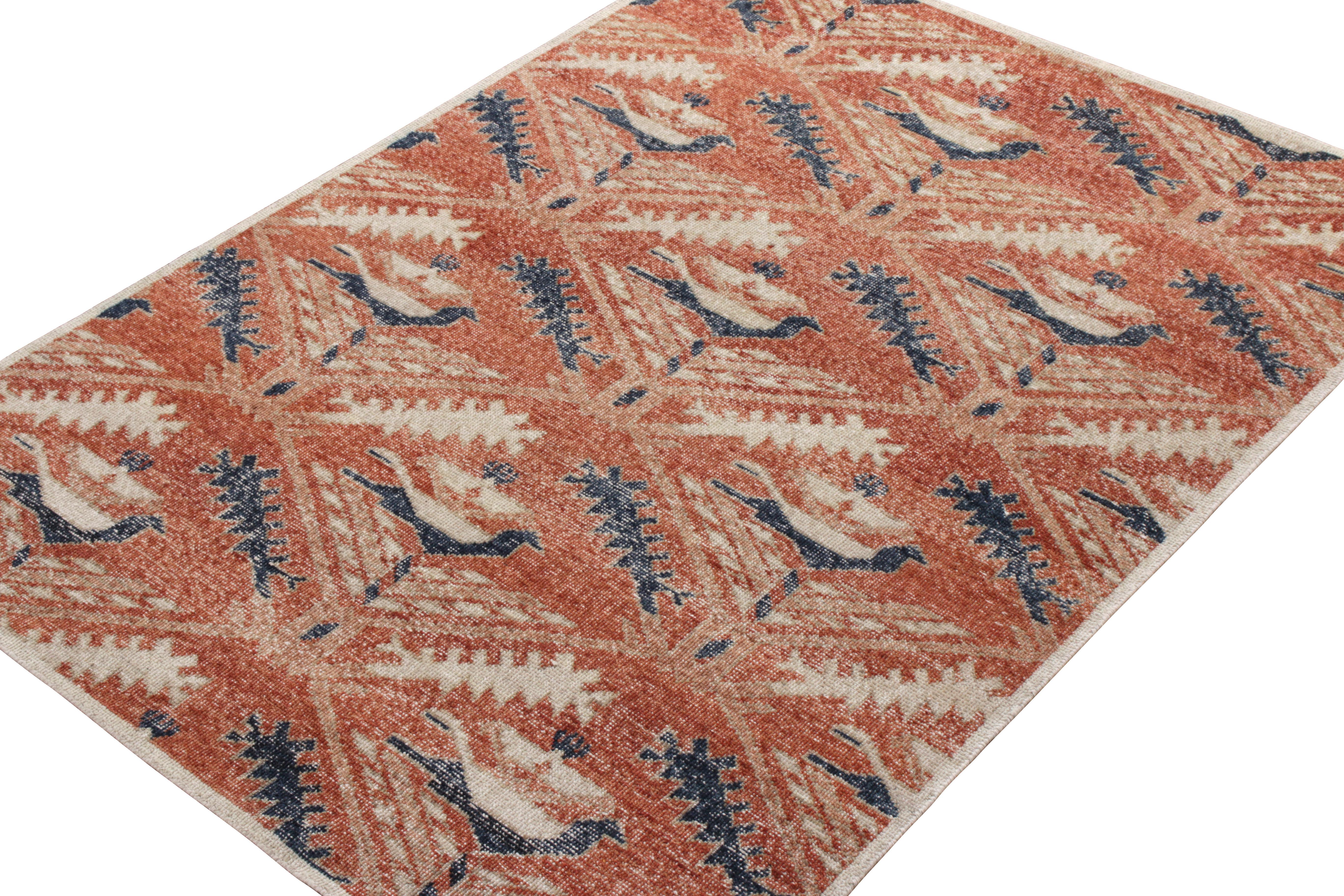 Indian Rug & Kilim’s Distressed Tribal Style Custom Rug, Red and Blue Geometric Pattern For Sale