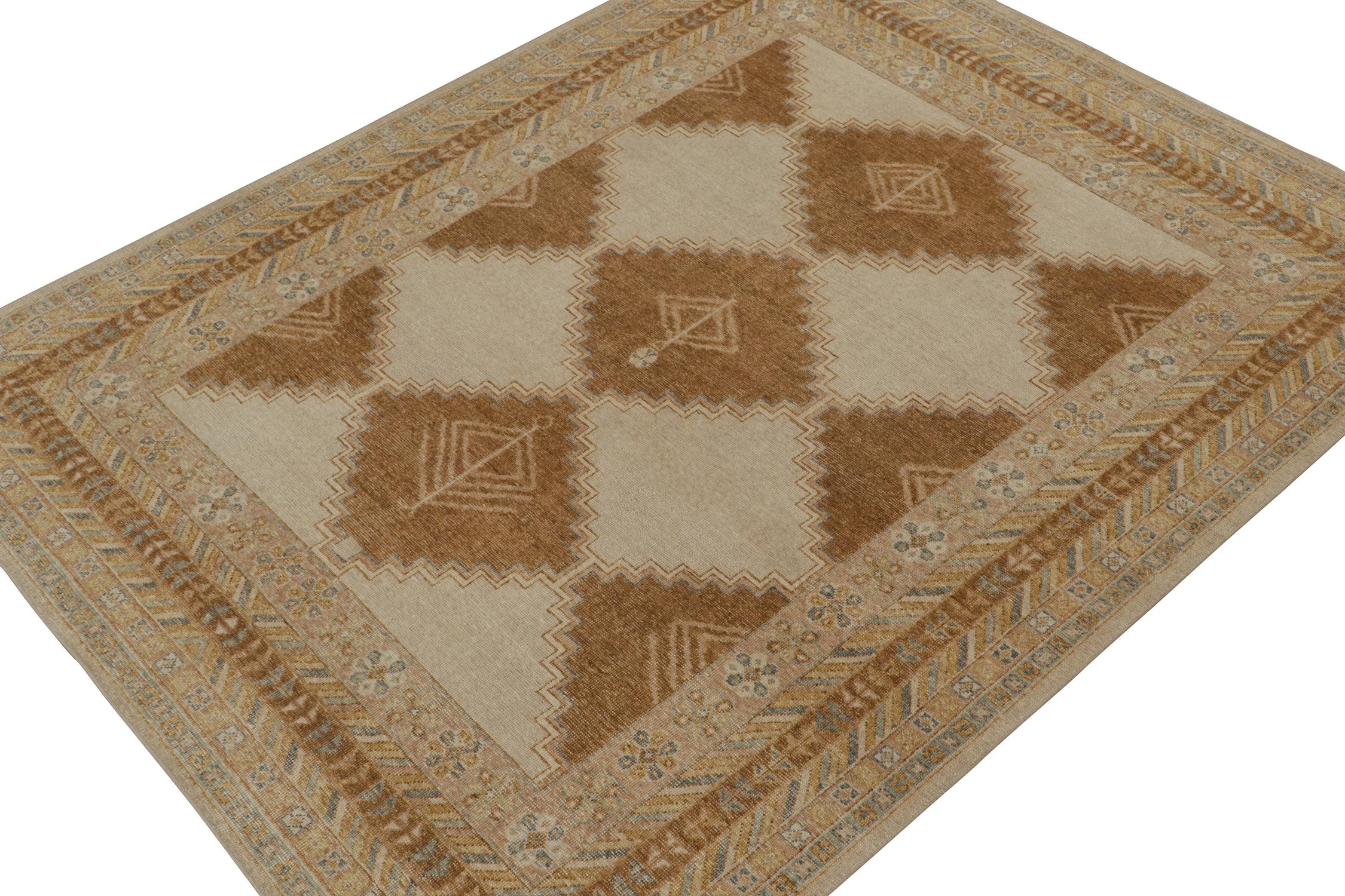 Indian Rug & Kilim’s Distressed Tribal Style Rug in Beige, Brown and Gold Patterns For Sale