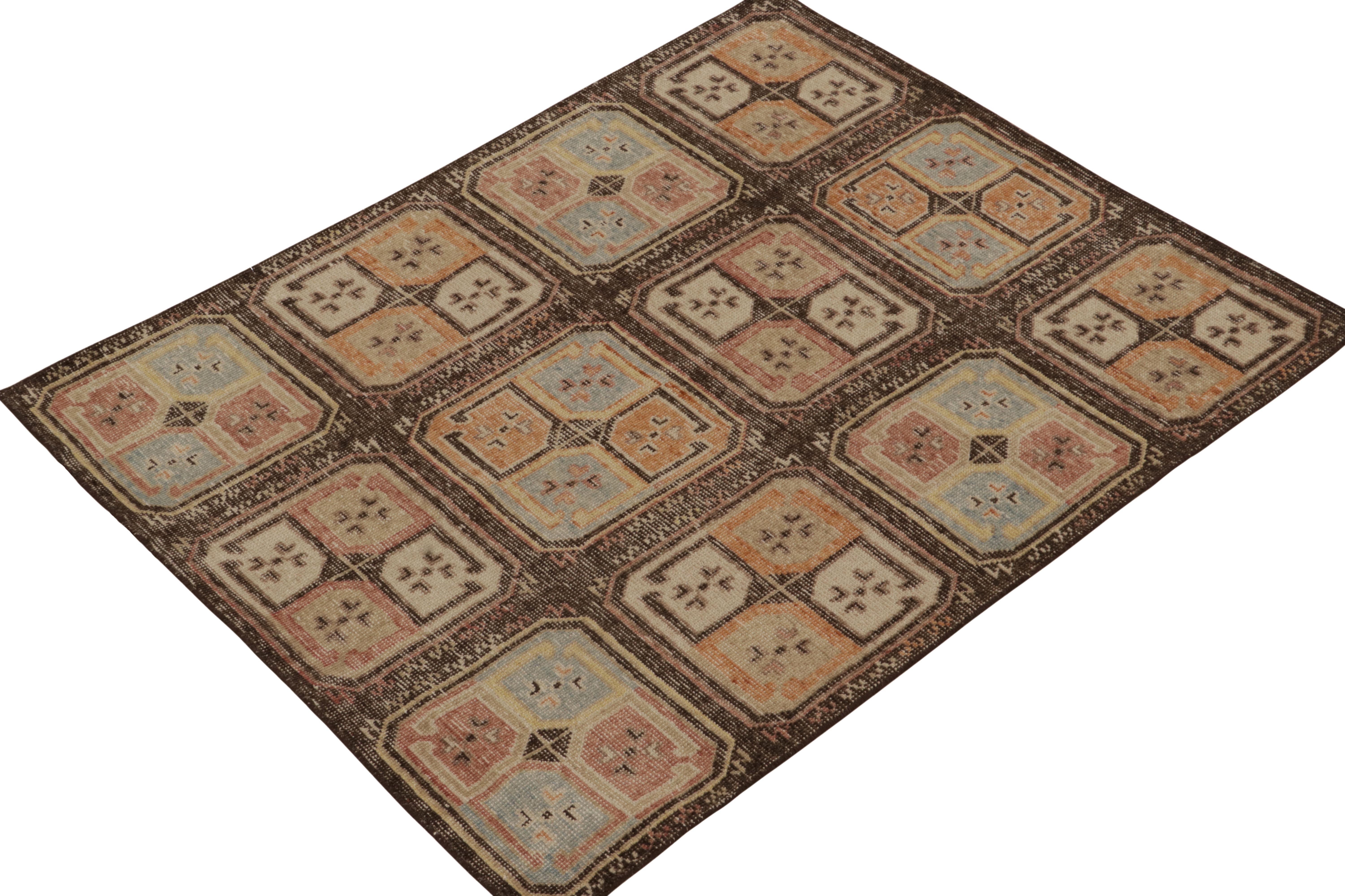 From Rug & Kilim’s Homage Collection, a 4x5 hand-knotted wool rug inspired by antique Turkmen textile designs of the late 19th century. 

On the Design: 

The tribal aesthetic is reimagined in our shabby chic aesthetics with rich beige-brown