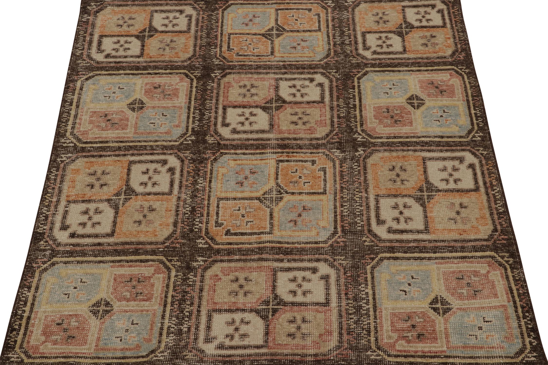 Indian Rug & Kilim’s Distressed Tribal Style Rug in Beige-Brown & Polychrome Medallions For Sale