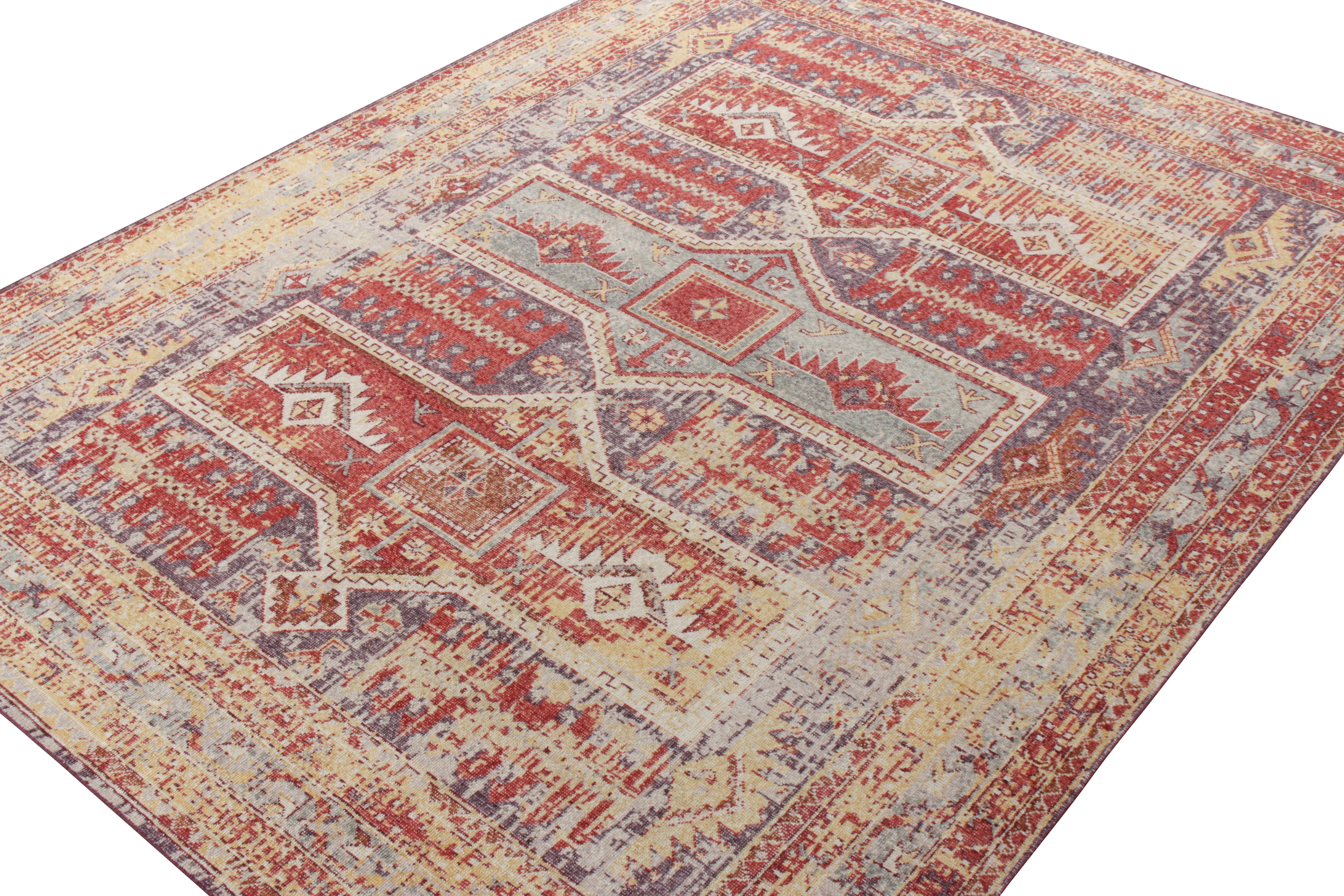 Indian Rug & Kilim’s Distressed Tribal Style Rug in Blue, Red Geometric Pattern For Sale