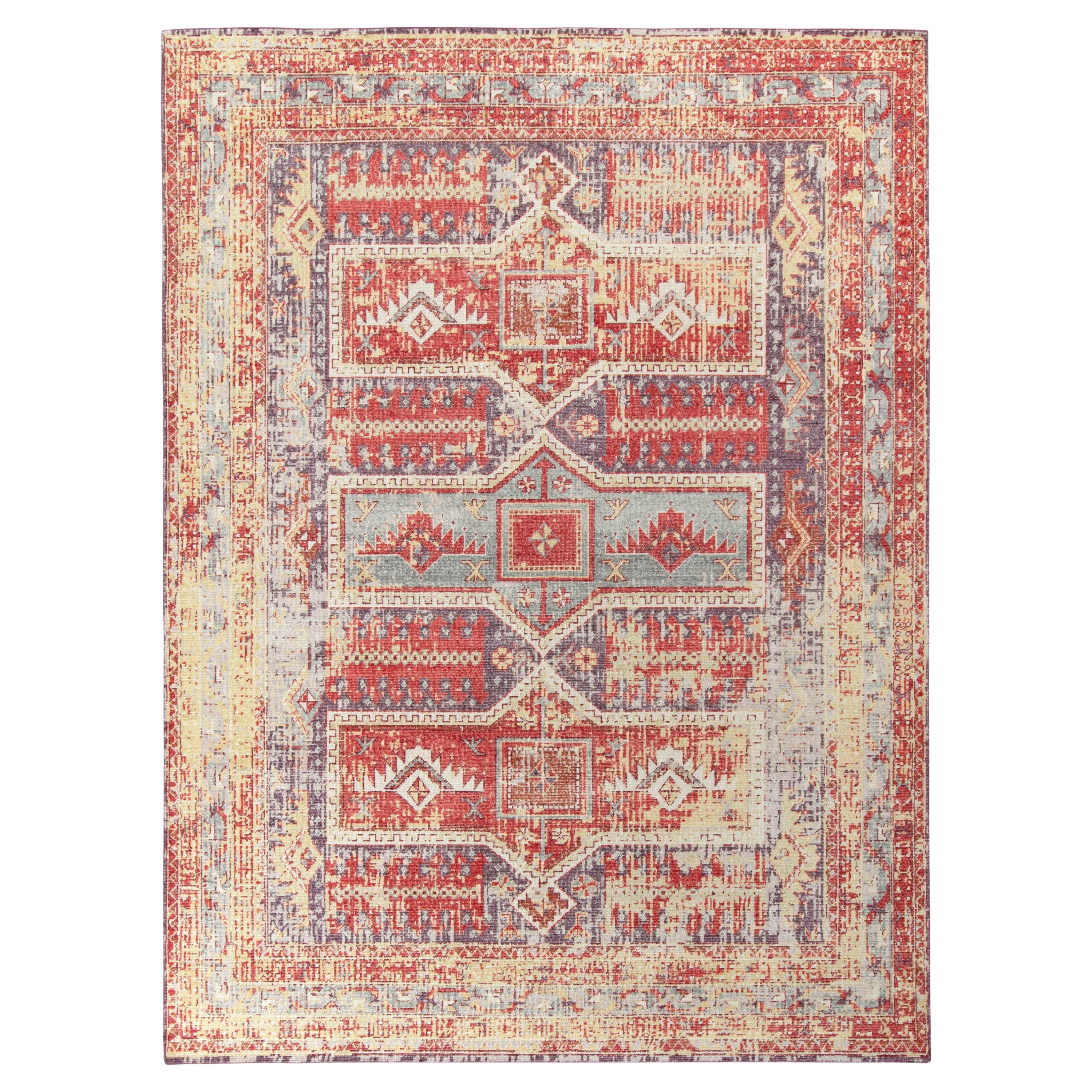 Alfombra de estilo tribal desgastada de Rug & Kilim en azul y dibujo geométrico rojo