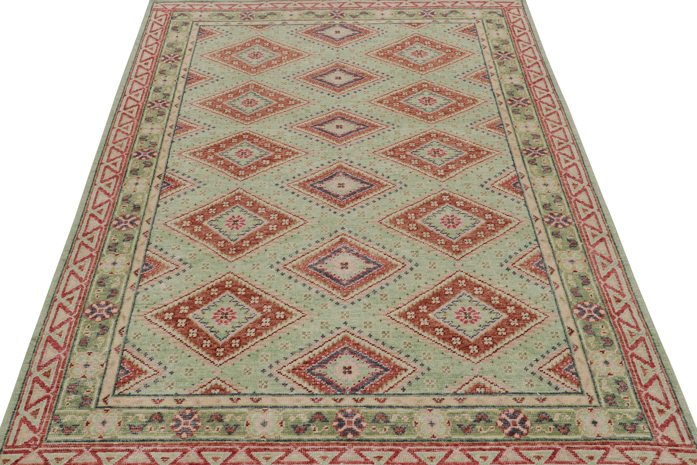 Indian Rug & Kilim’s Distressed Tribal Style Rug in Bright Green with Red Medallions For Sale