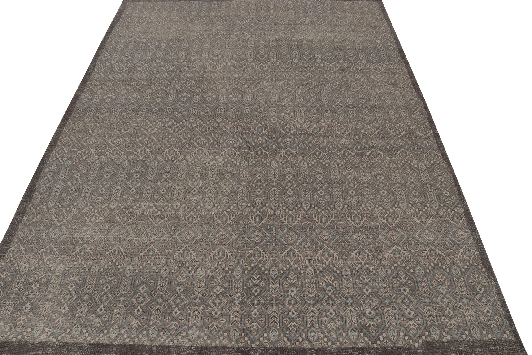 Indian Rug & Kilim’s Distressed Tribal style rug in Gray and Blue Geometric Patterns For Sale