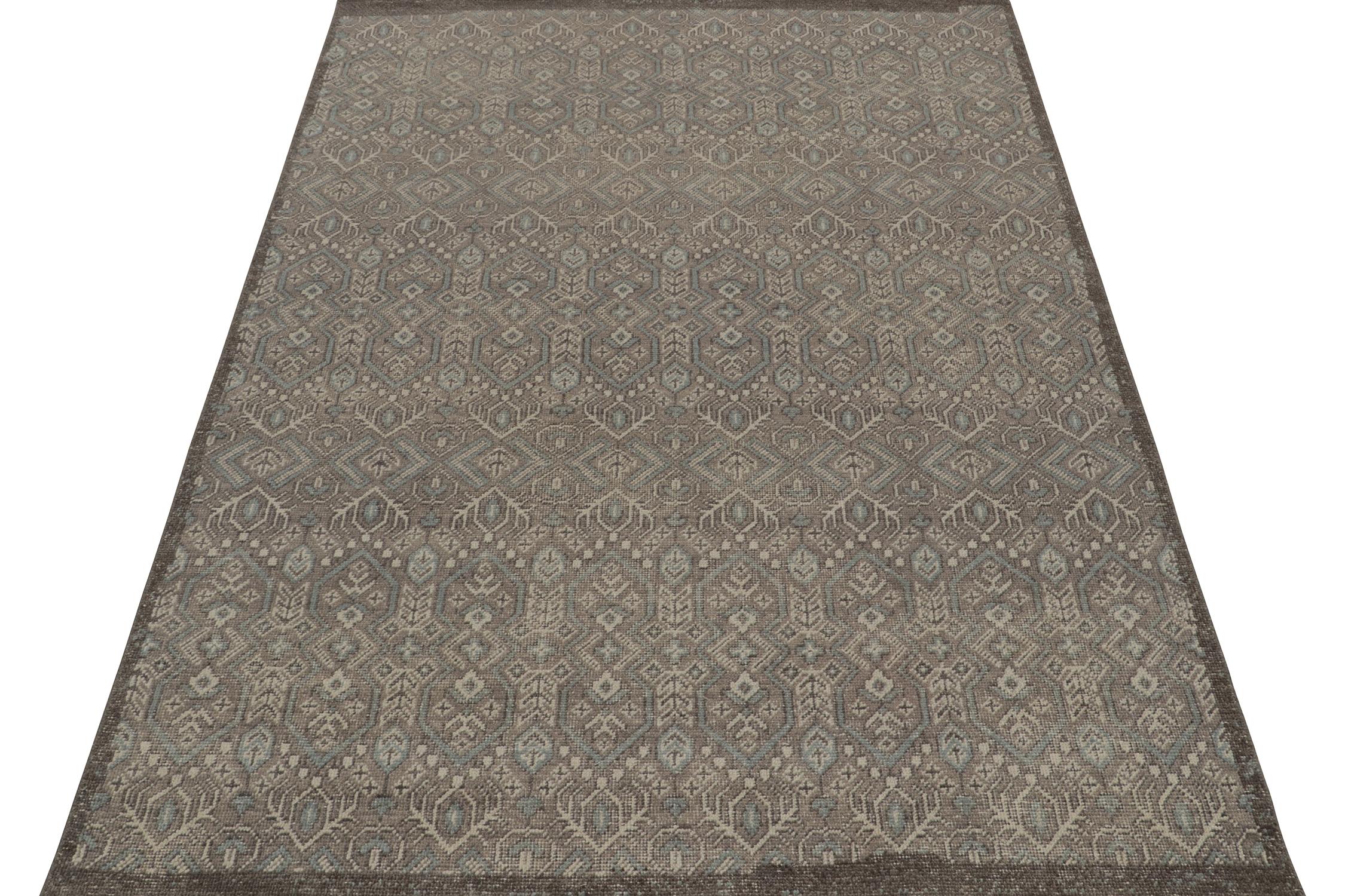 Indian Rug & Kilim’s Distressed Tribal Style Rug in Grey and Blue Geometric Patterns For Sale