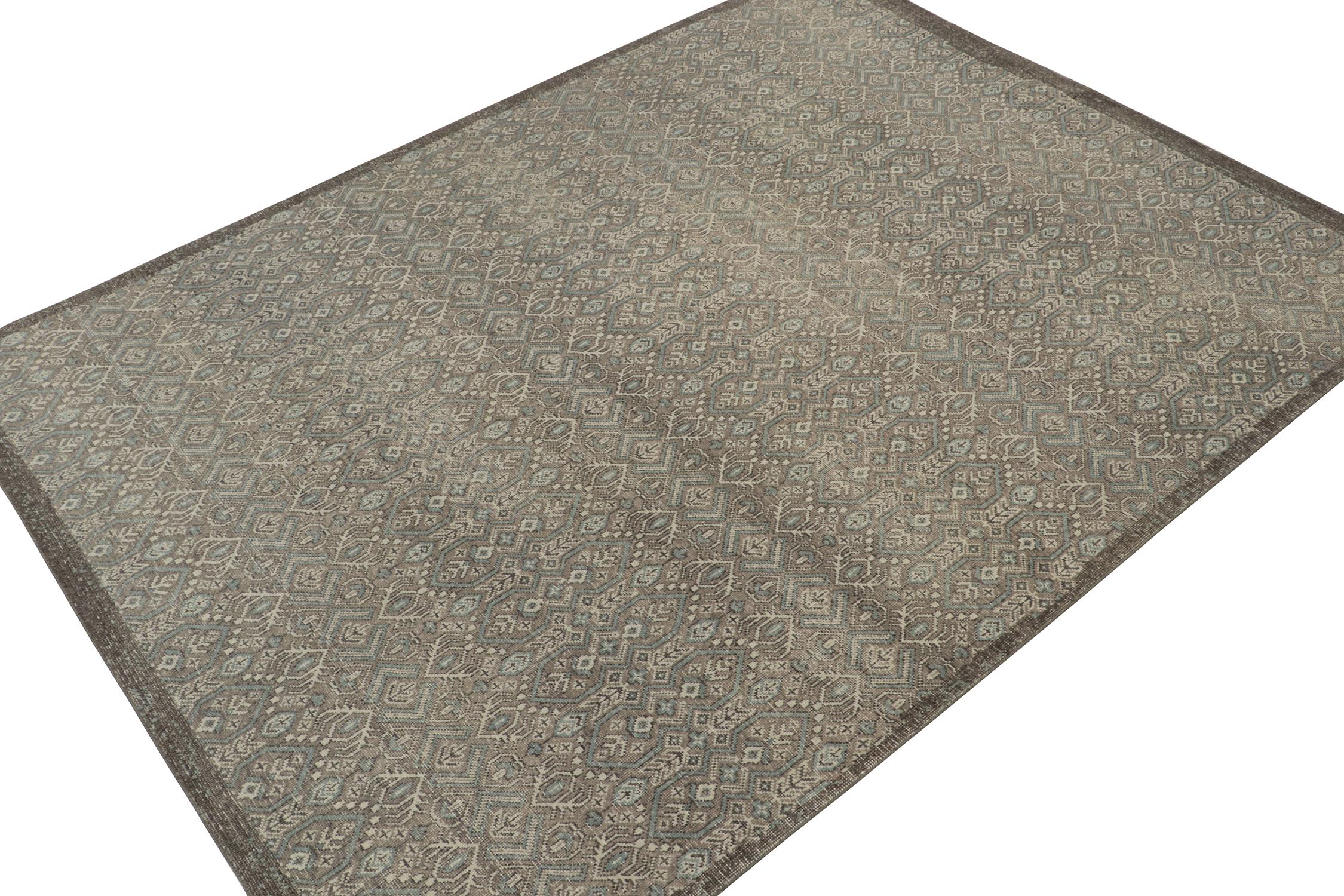 Indian Rug & Kilim’s Distressed Tribal style rug in Gray and Blue Geometric Patterns  For Sale