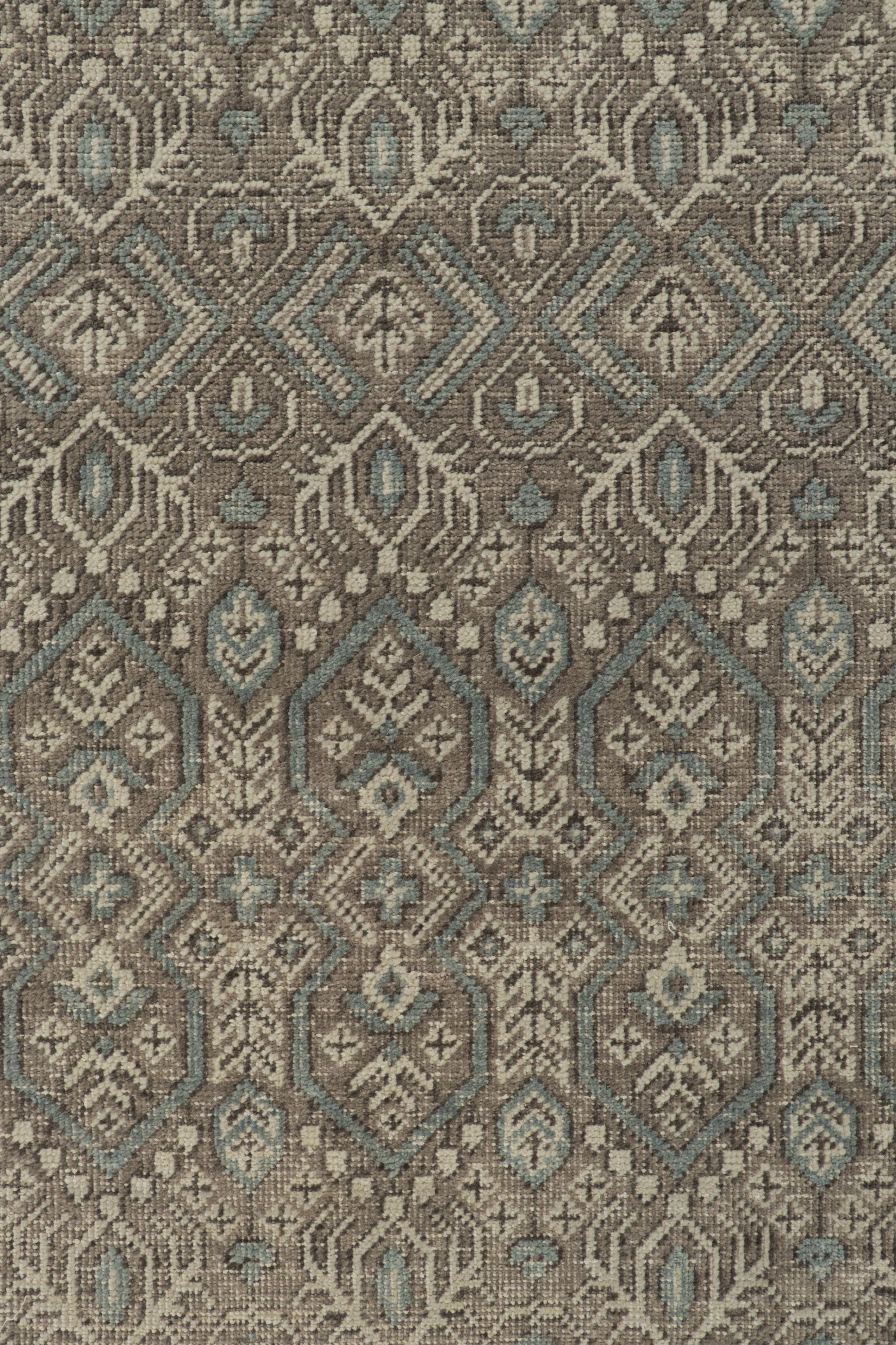 Contemporary Rug & Kilim’s Distressed Tribal style rug in Gray and Blue Geometric Patterns  For Sale