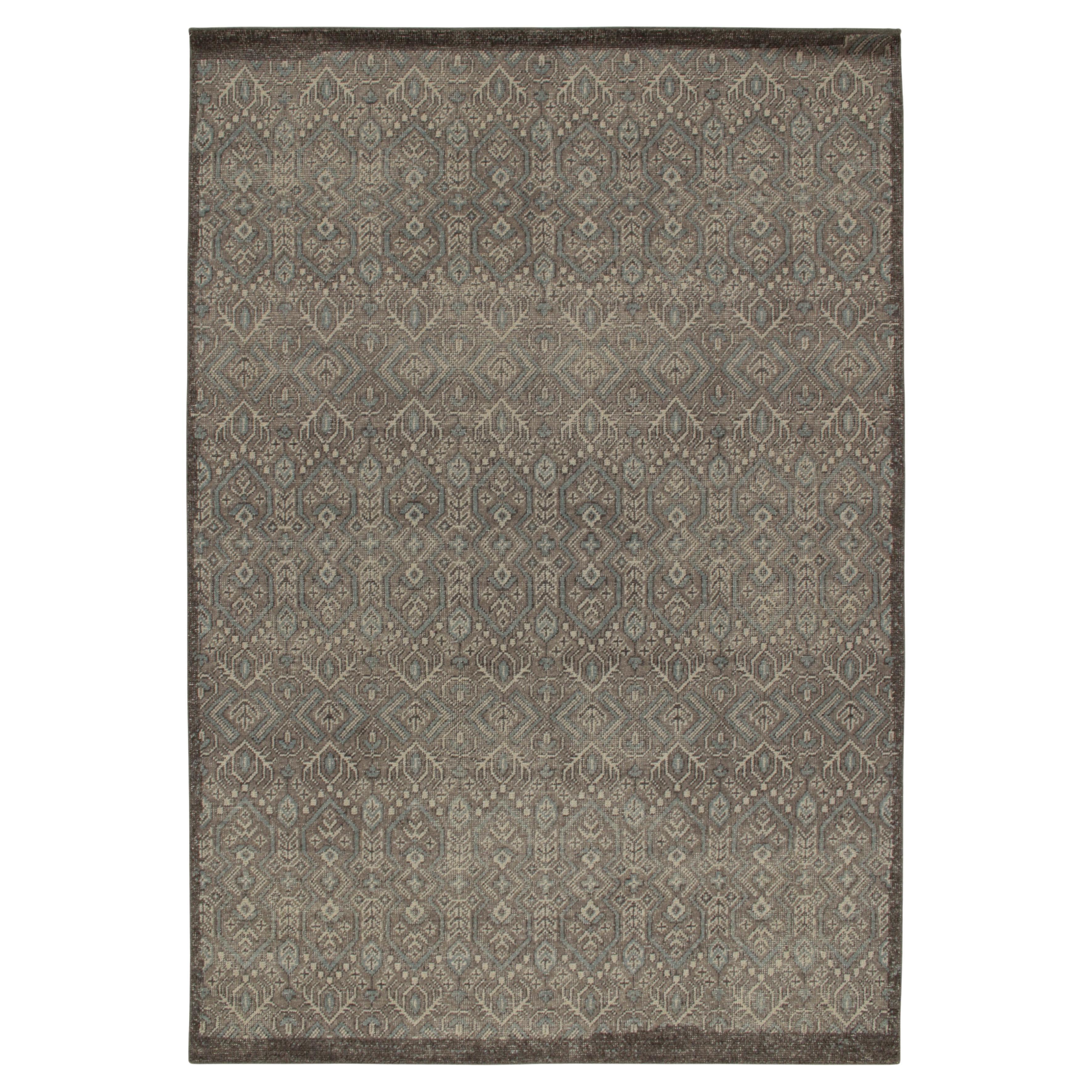 Rug & Kilim’s Distressed Tribal Style Rug in Grey and Blue Geometric Patterns For Sale