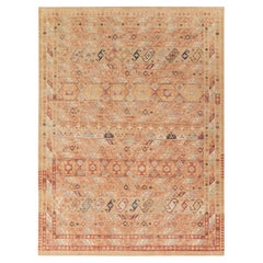 Rug & Kilim's Distressed Tribal Style Rug in Orange and Red Geometric Pattern