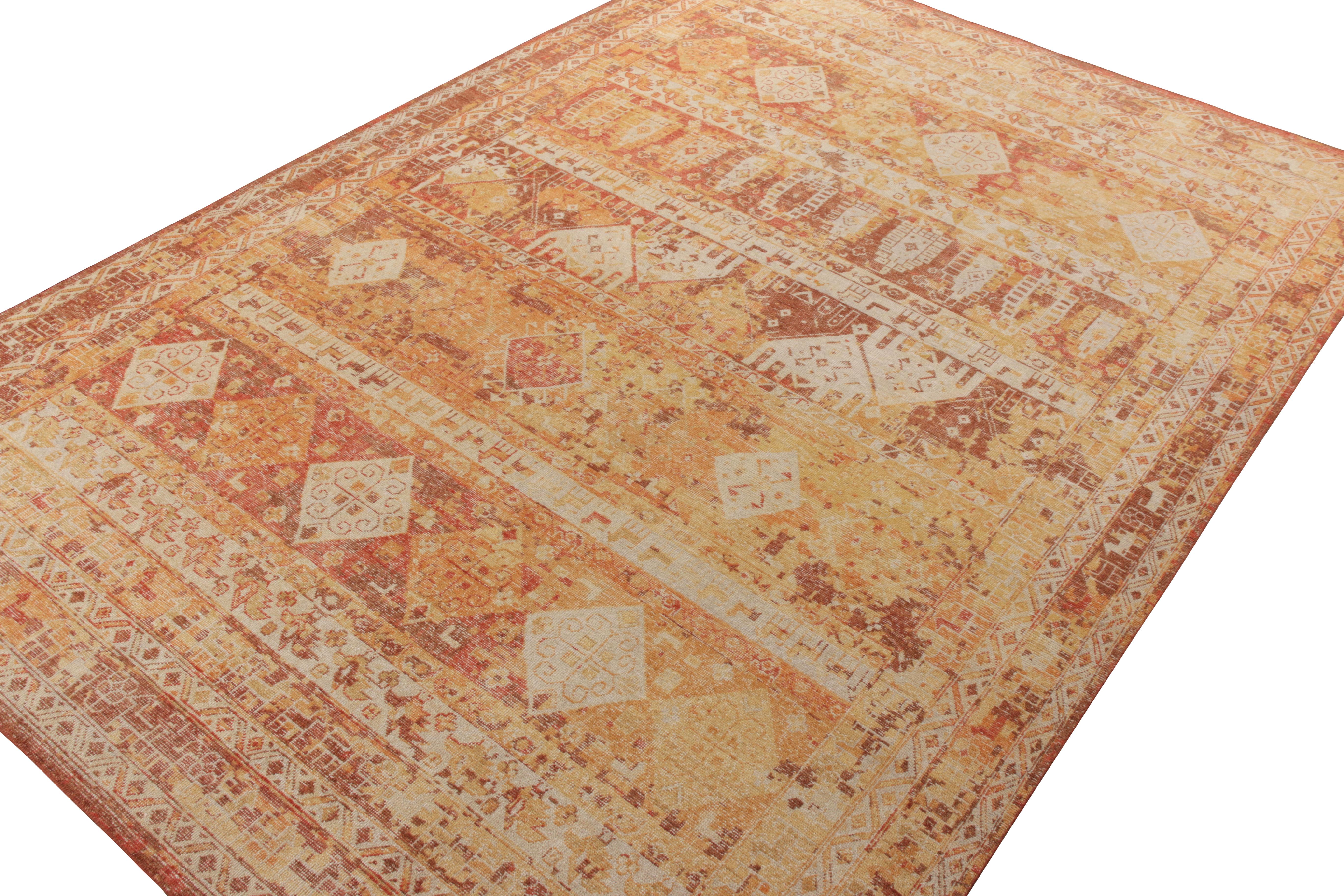 Indian Rug & Kilim’s Distressed Tribal Style Rug in Orange-Red, Beige Geometric Pattern For Sale