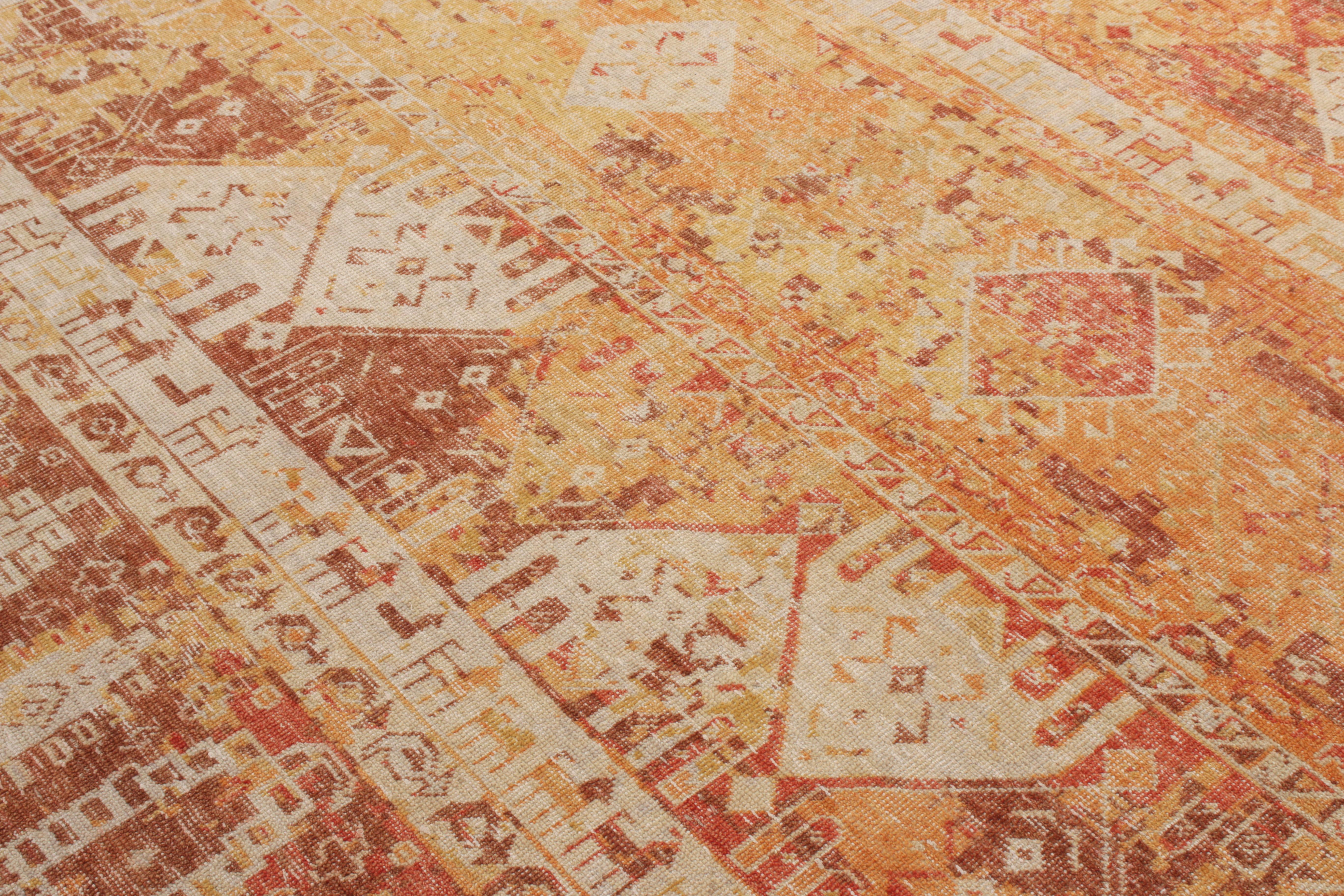 Hand-Knotted Rug & Kilim’s Distressed Tribal Style Rug in Orange-Red, Beige Geometric Pattern For Sale
