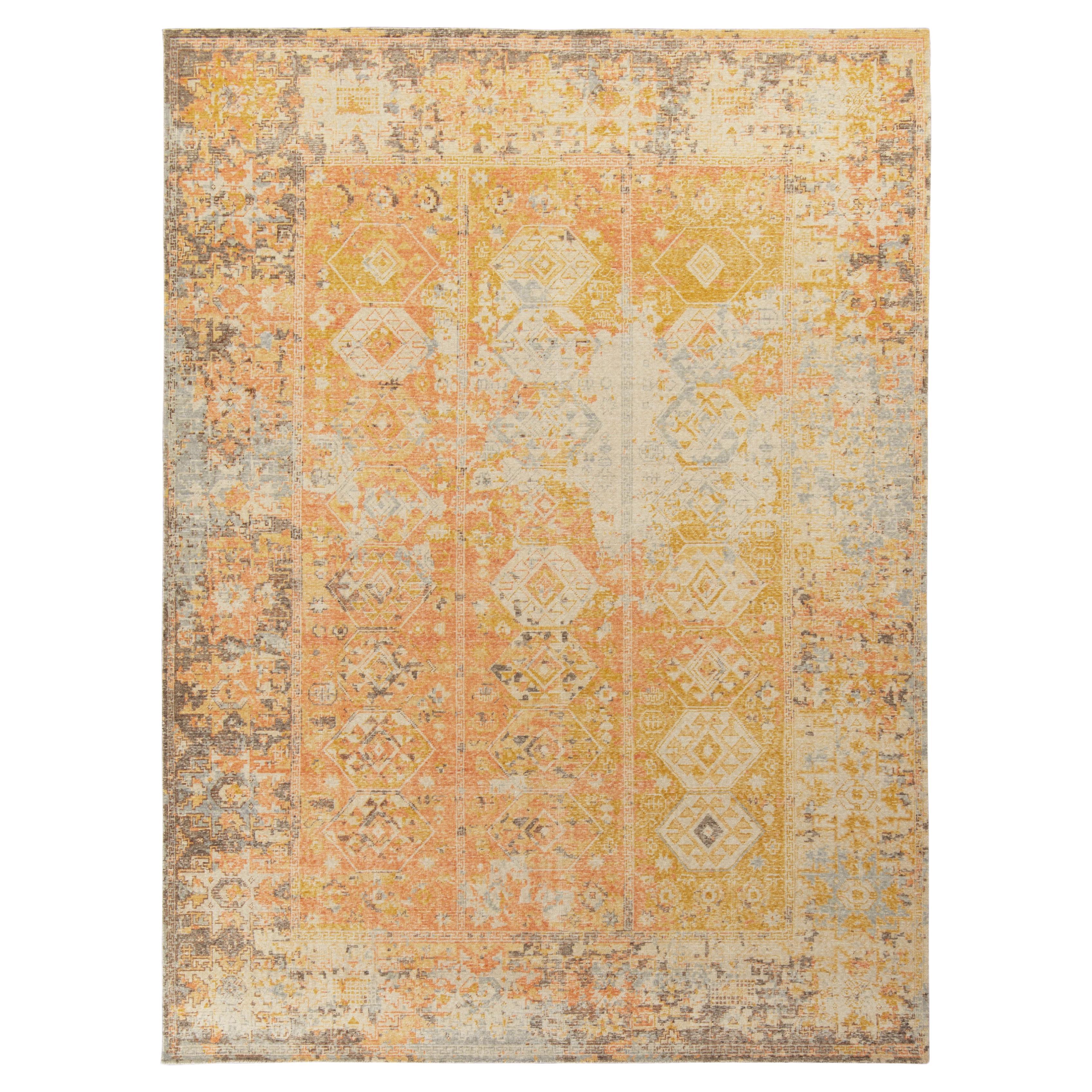 Rug & Kilim’s Distressed Tribal Style Rug in Red, Beige-Gold Geometric Pattern For Sale