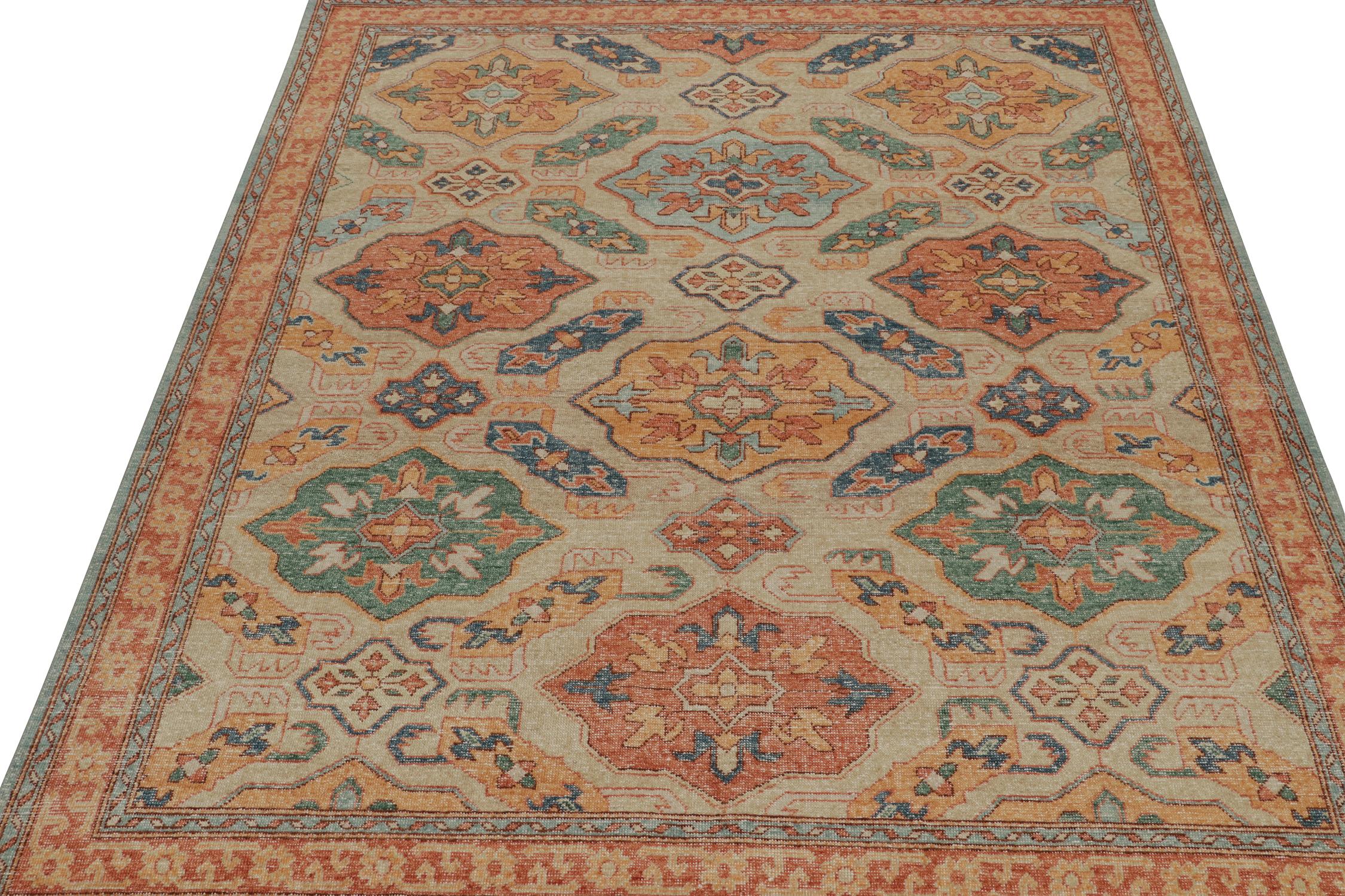 Indian Rug & Kilim’s Distressed Tribal Style Rug in Rust and Teal Medallion Patterns For Sale