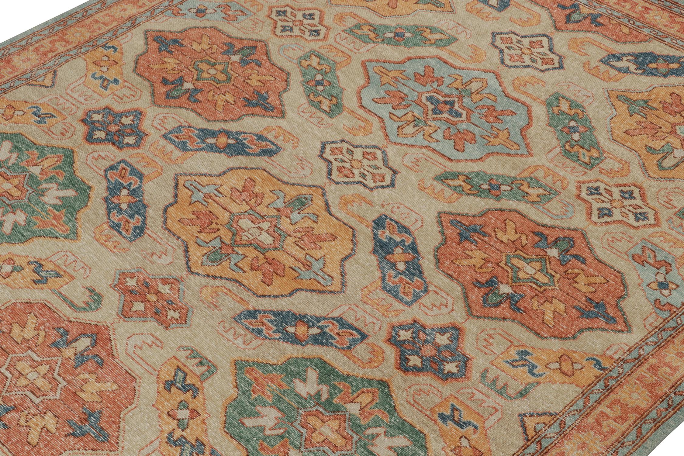 Contemporary Rug & Kilim’s Distressed Tribal Style Rug in Rust and Teal Medallion Patterns For Sale