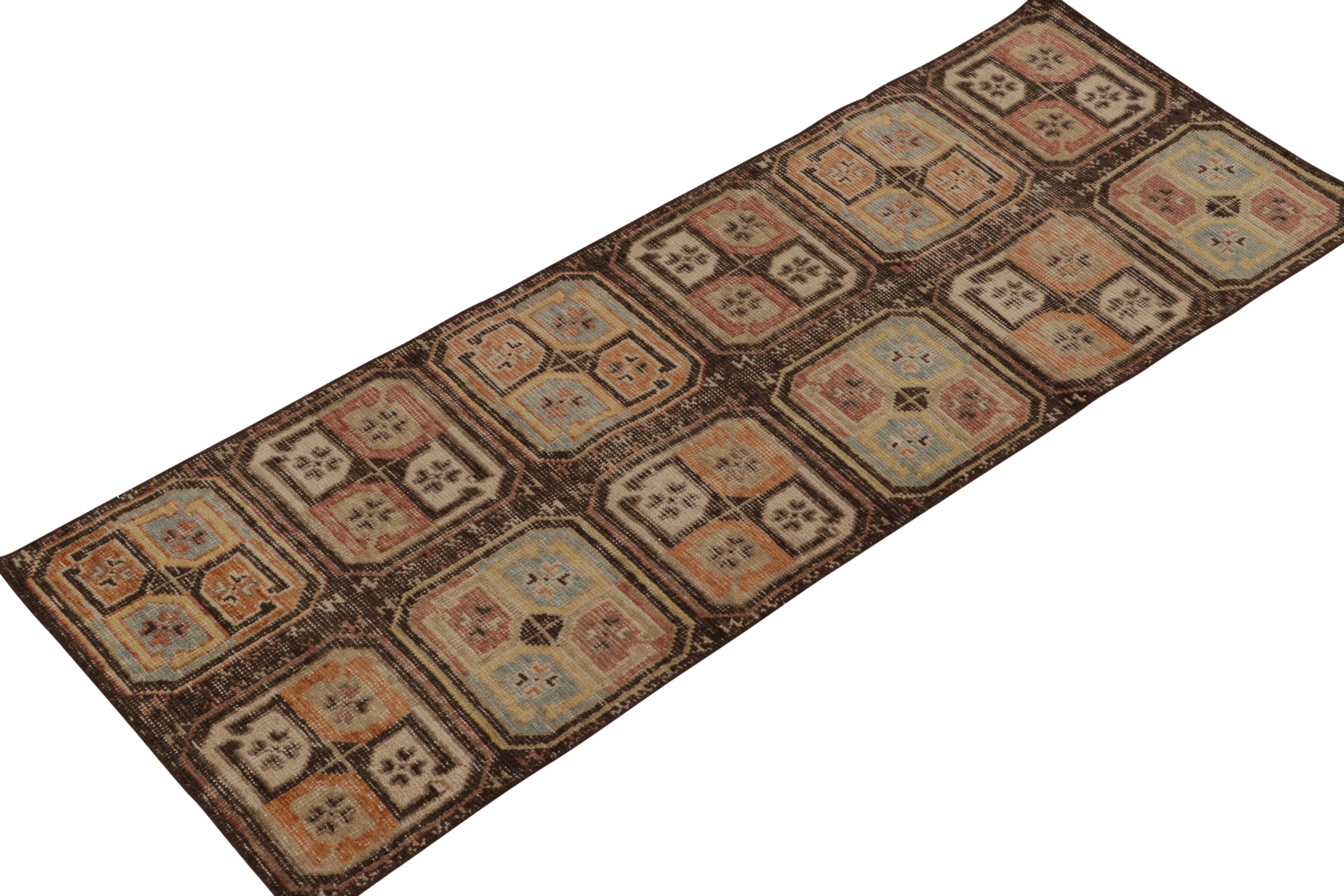 From Rug & Kilim’s Homage Collection, a 3x6 hand-knotted wool runner inspired by antique Turkmen textile designs of the late 19th century. 

On the Design: The sketch is reimagined in our shabby chic aesthetics with rich beige-brown uplifting the
