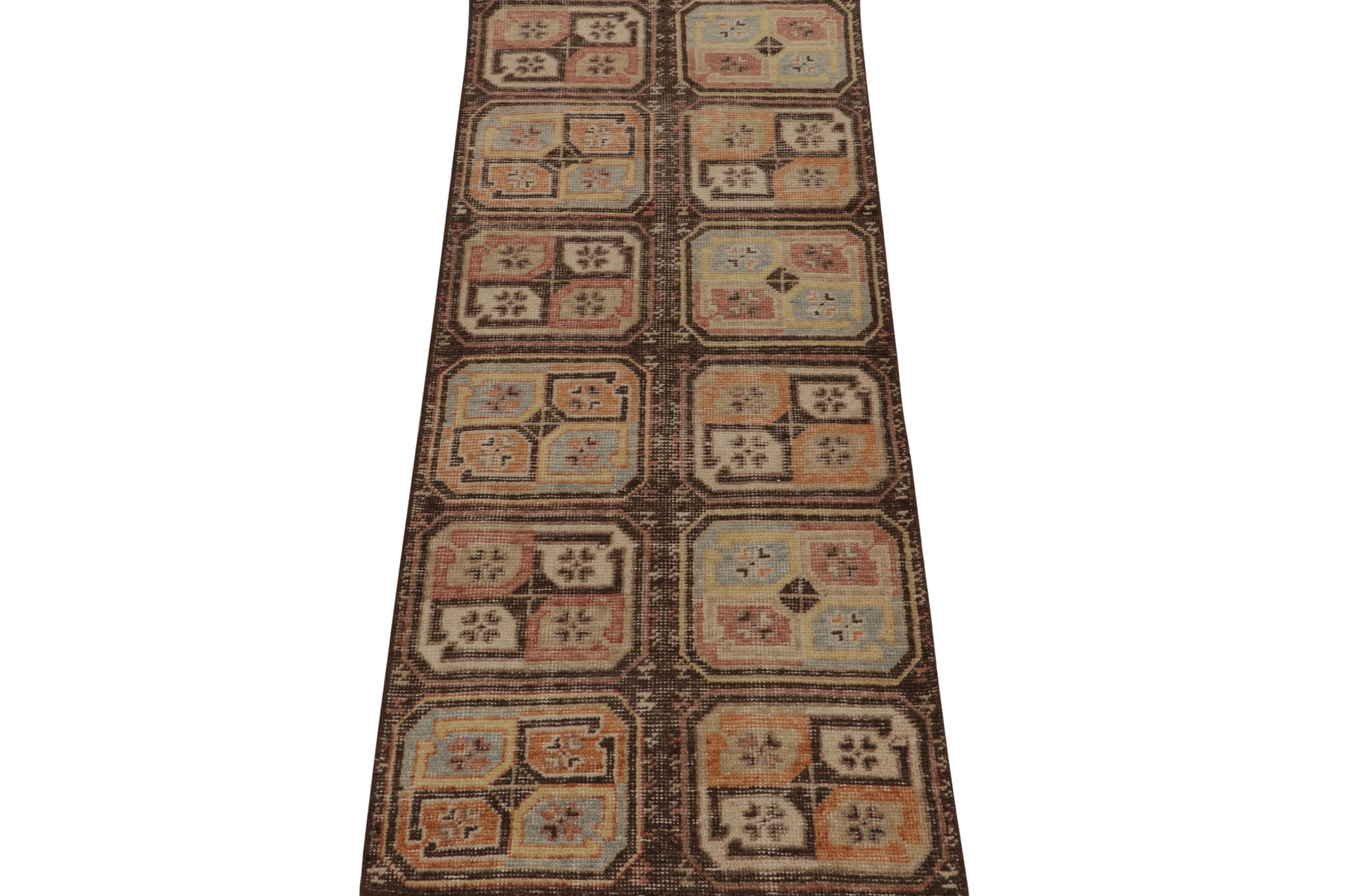 Indian Rug & Kilim’s Distressed Tribal Style Runner in Beige-Brown & Colorful Emblems For Sale