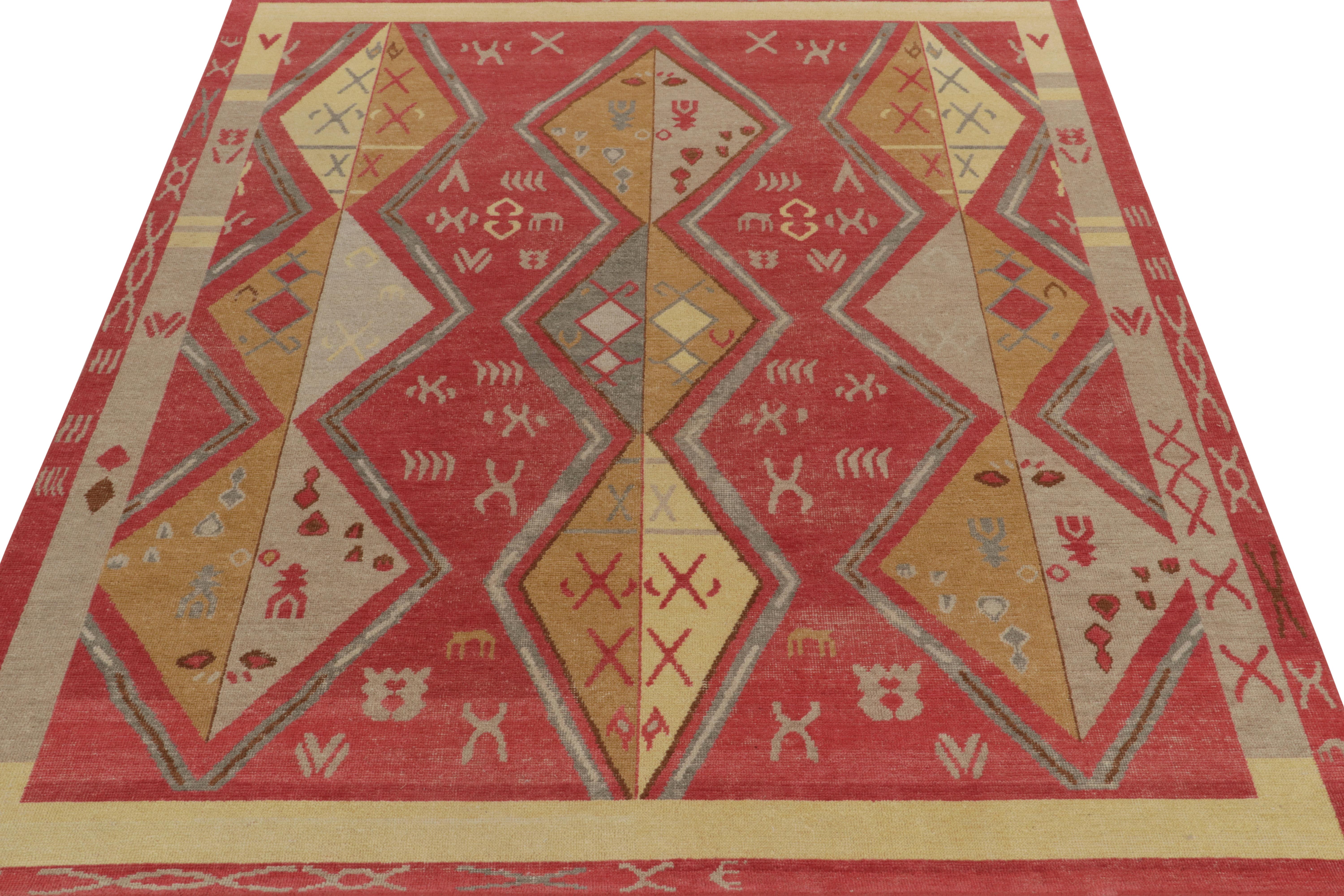 Tribal Rug & Kilim’s Distressed Yuruk Style Rug in Red, Beige & Gray Geometric Patterns For Sale