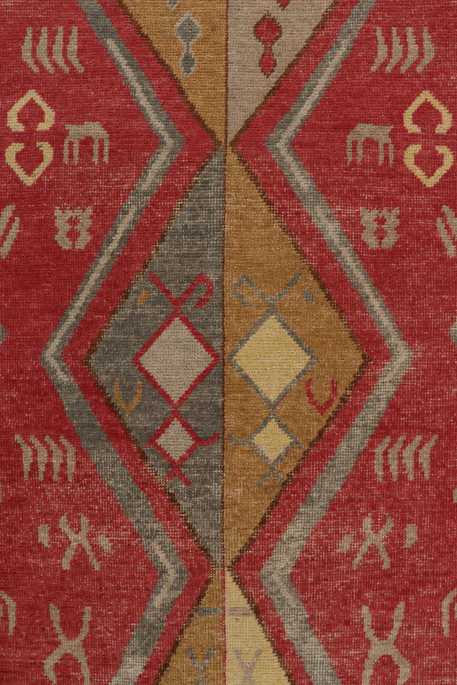 Hand-Knotted Rug & Kilim’s Distressed Yuruk Style Rug in Red, Beige & Gray Geometric Patterns For Sale