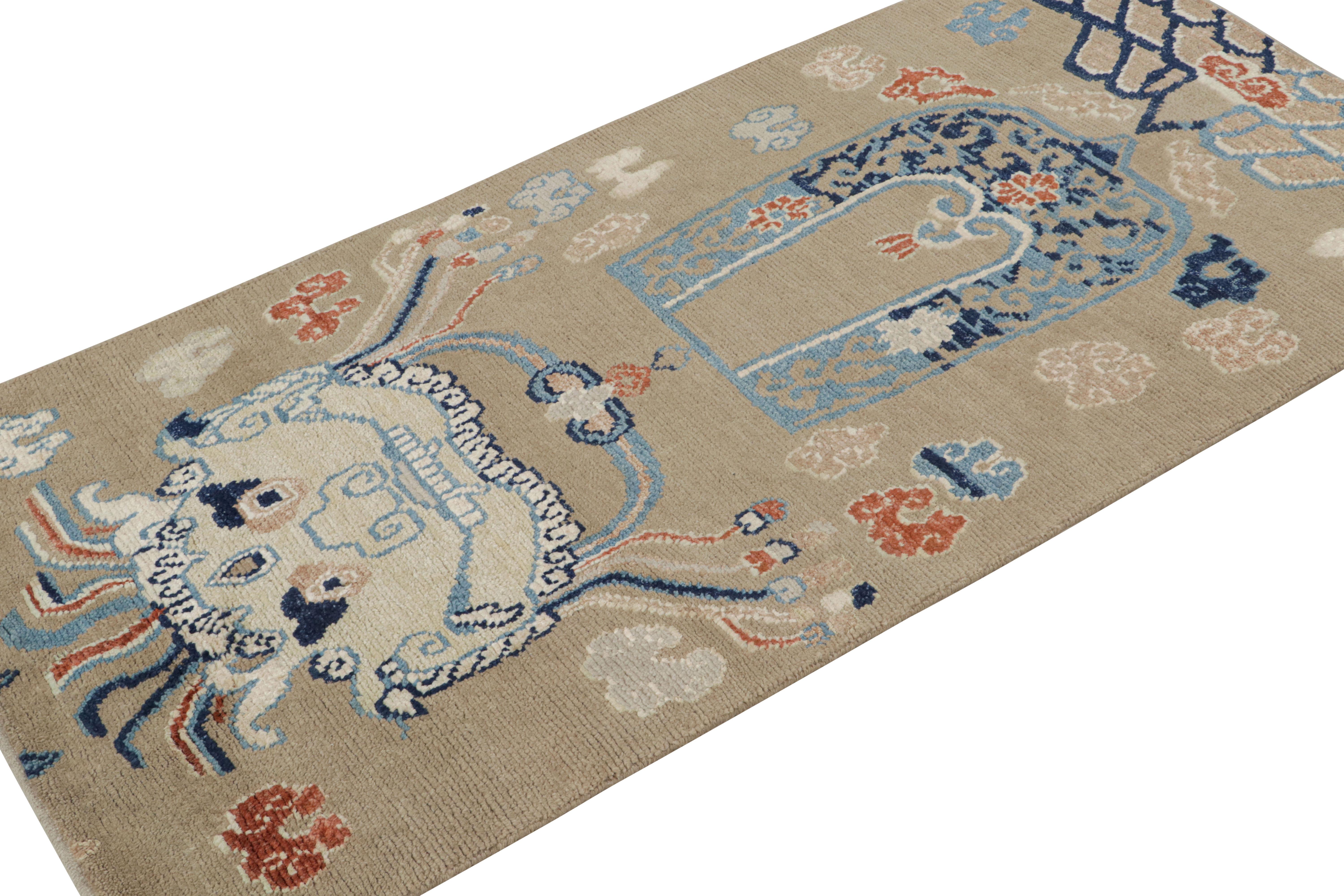 Hand-knotted in wool, this 3x6 classic dragon pictorial runner rug features a vibrant colorway of orange, beige and blue tones. 

On the Design: 

The design recaptures Oriental pictorial representations of dragons in a bold play of fiery tones.