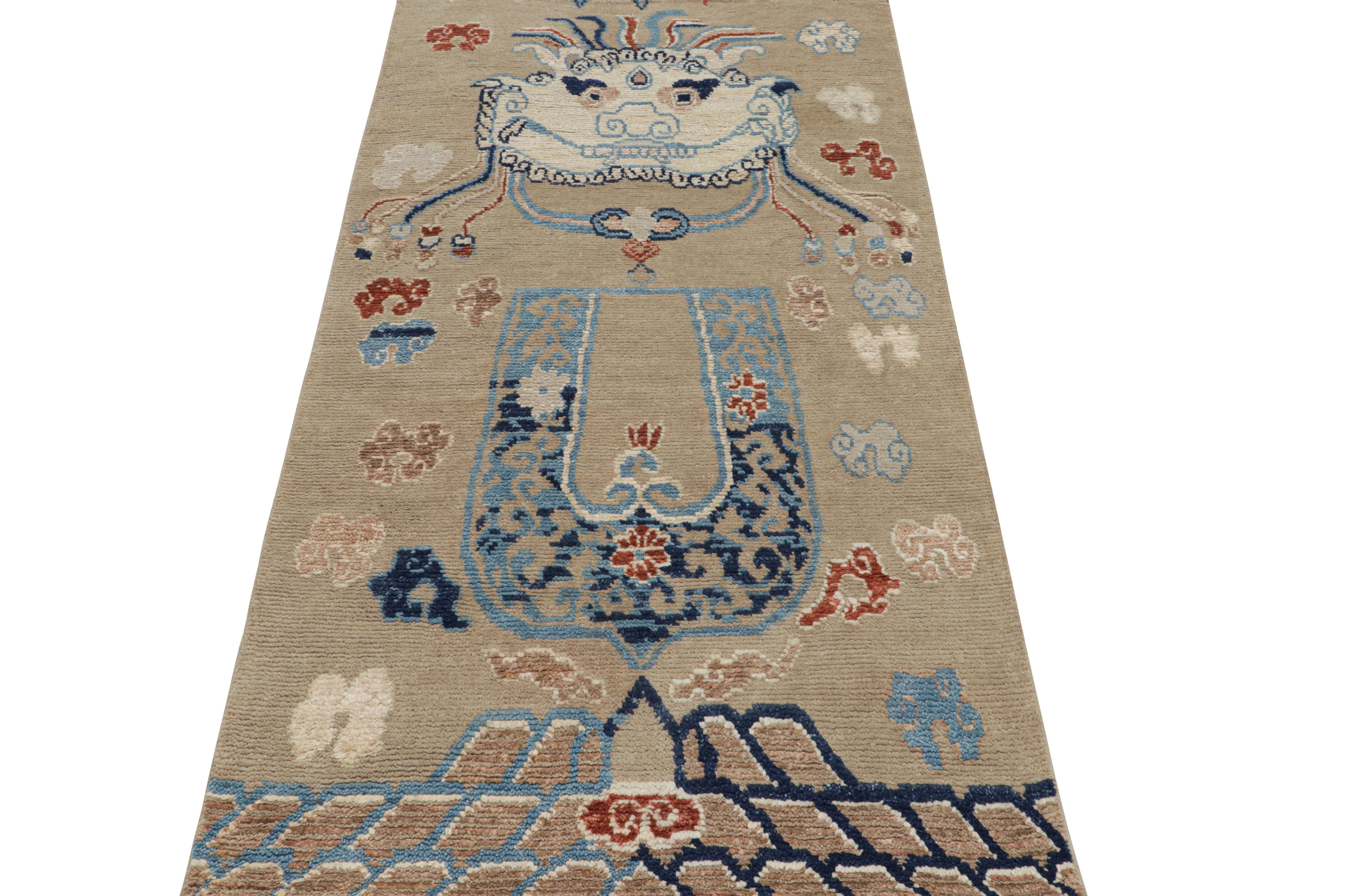 Modern Rug & Kilim’s Dragon Pictorial Runner Rug In Beige, Orange and Blue Tones For Sale