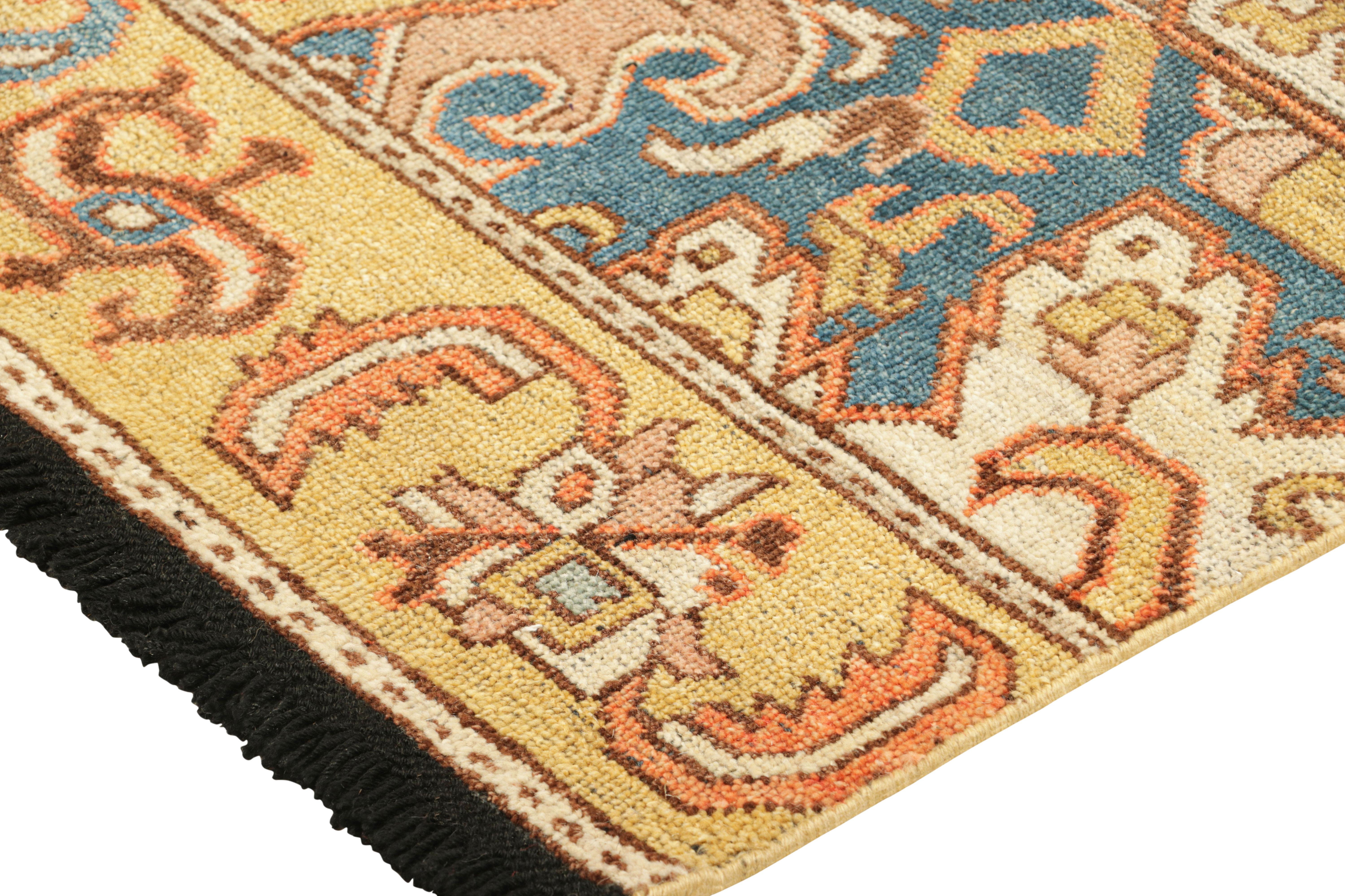 Modern Rug & Kilim’s Dragon Rug in Gold and Blue with Geometric-Floral Patterns For Sale