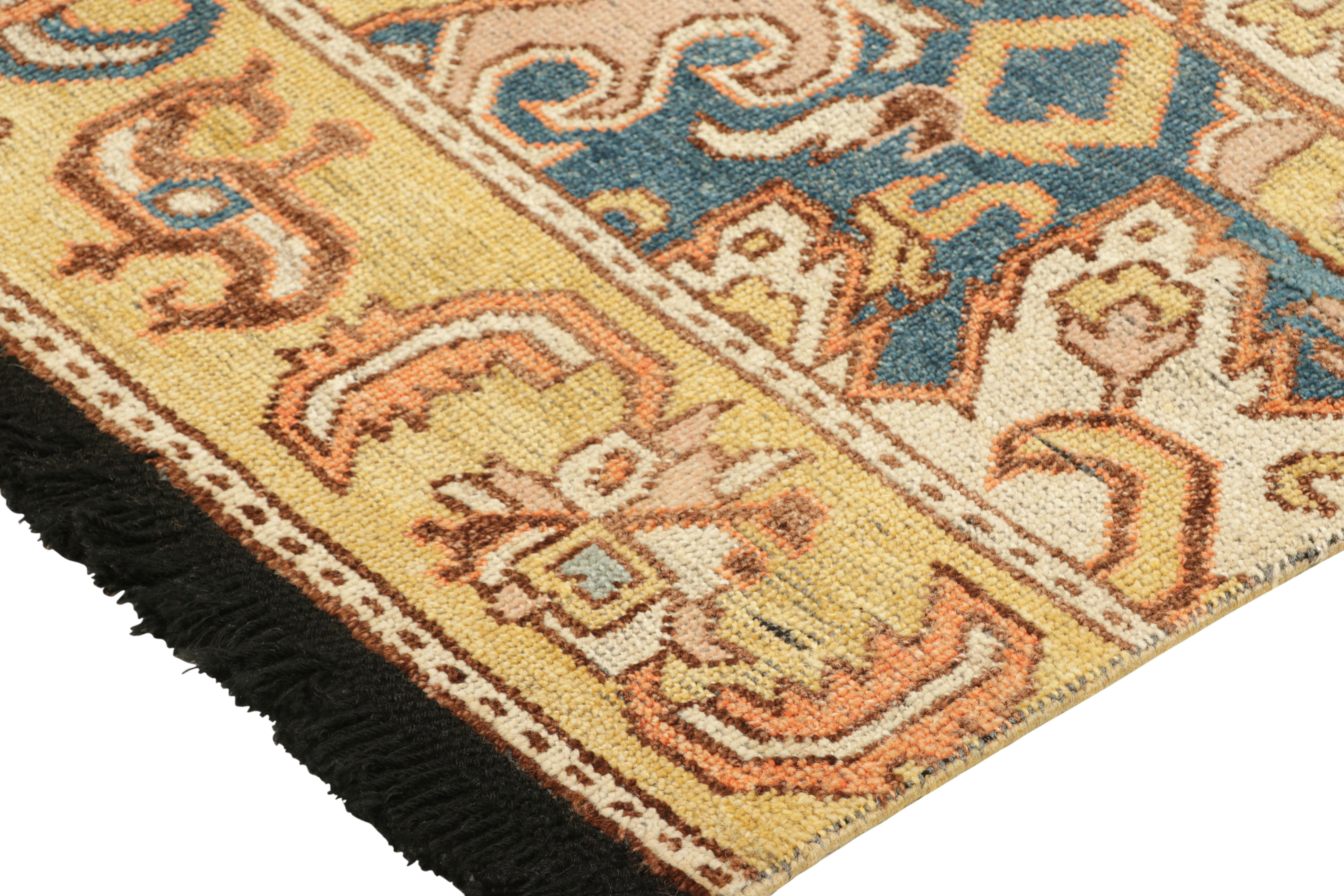 Modern Rug & Kilim’s Dragon Rug in Gold and Blue with Geometric-Floral Patterns For Sale