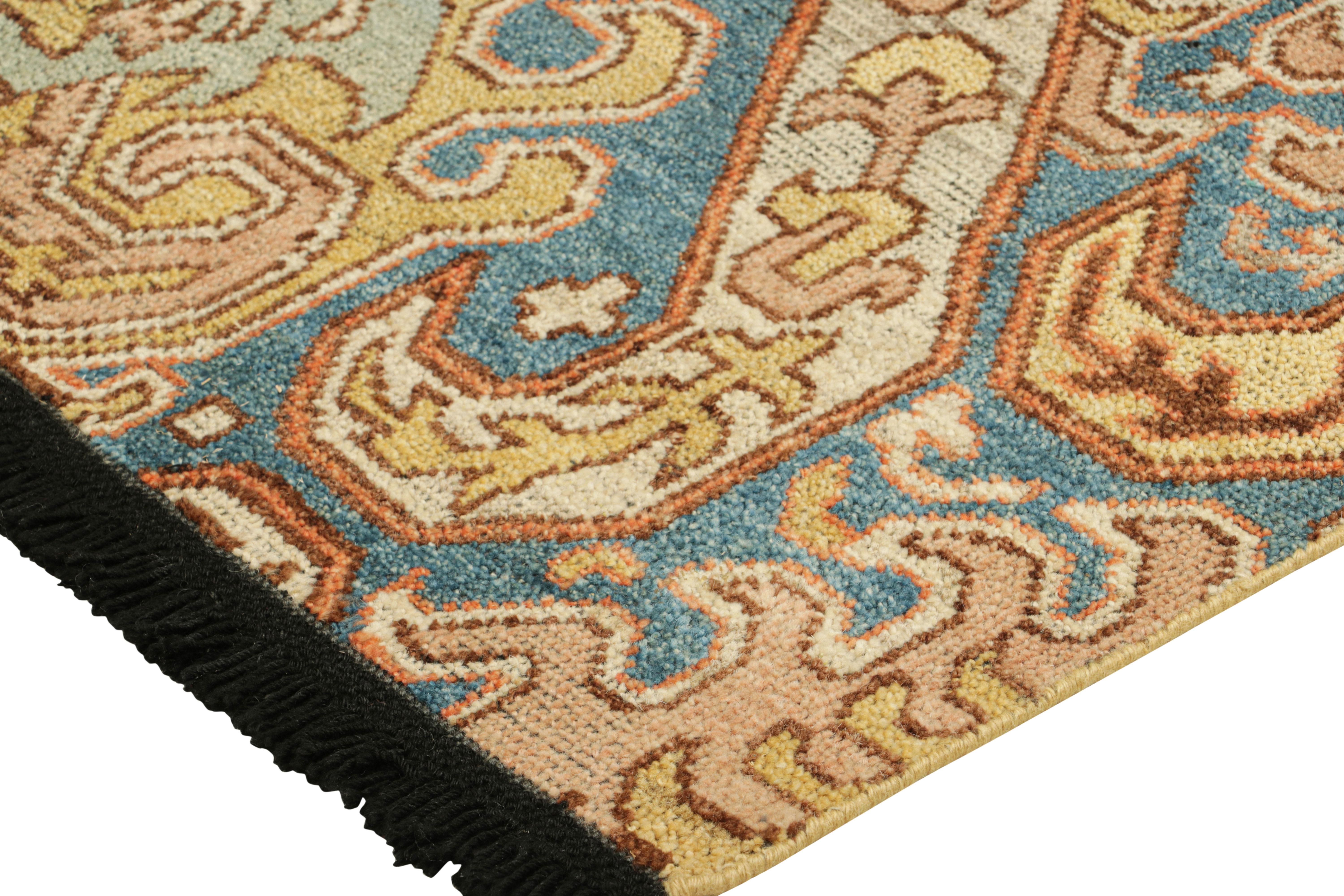 Modern Rug & Kilim’s Dragon Rug in Gold and Blue with Geometric-Floral Patterns For Sale