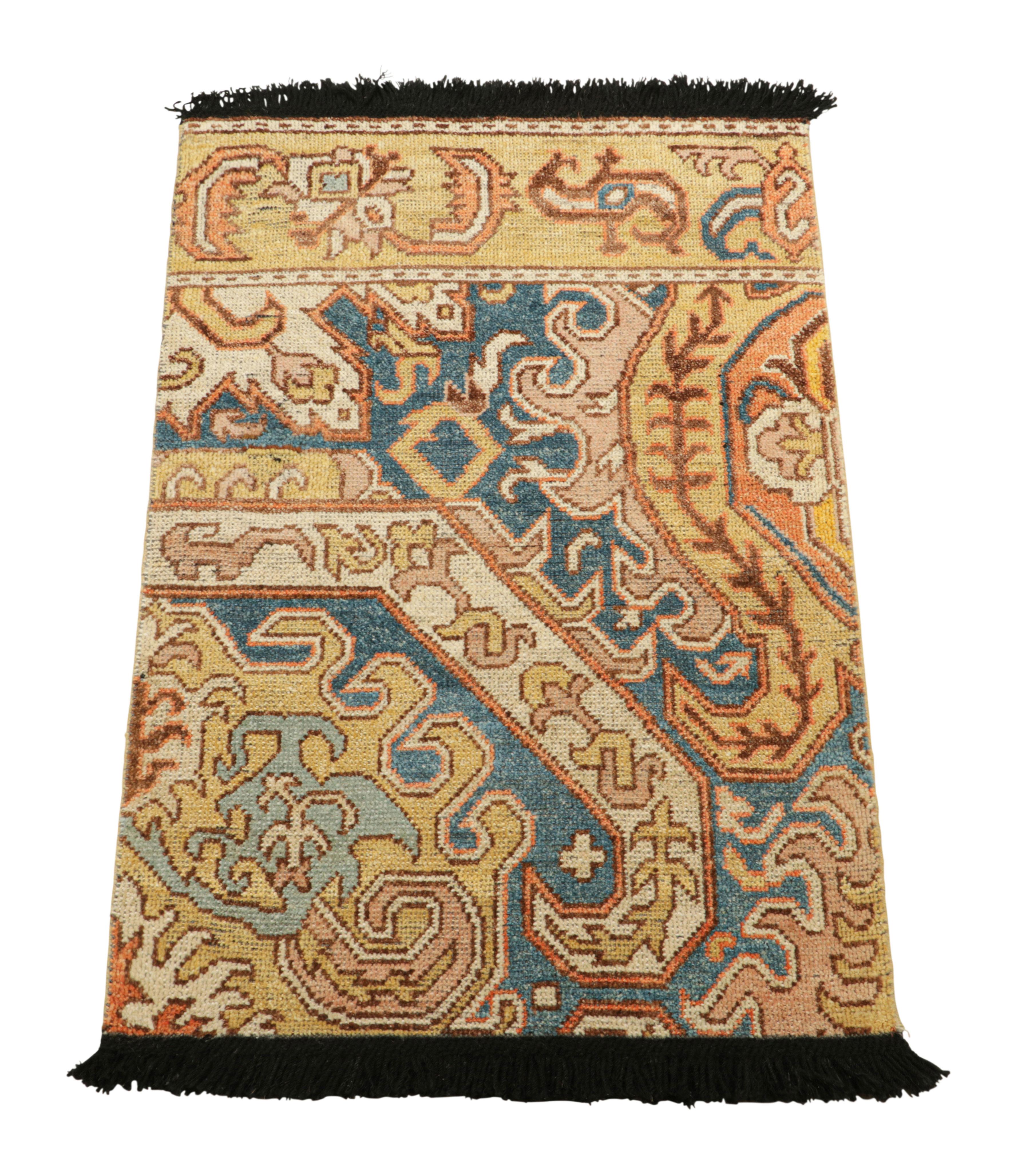 Indian Rug & Kilim’s Dragon Rug in Gold and Blue with Geometric-Floral Patterns For Sale