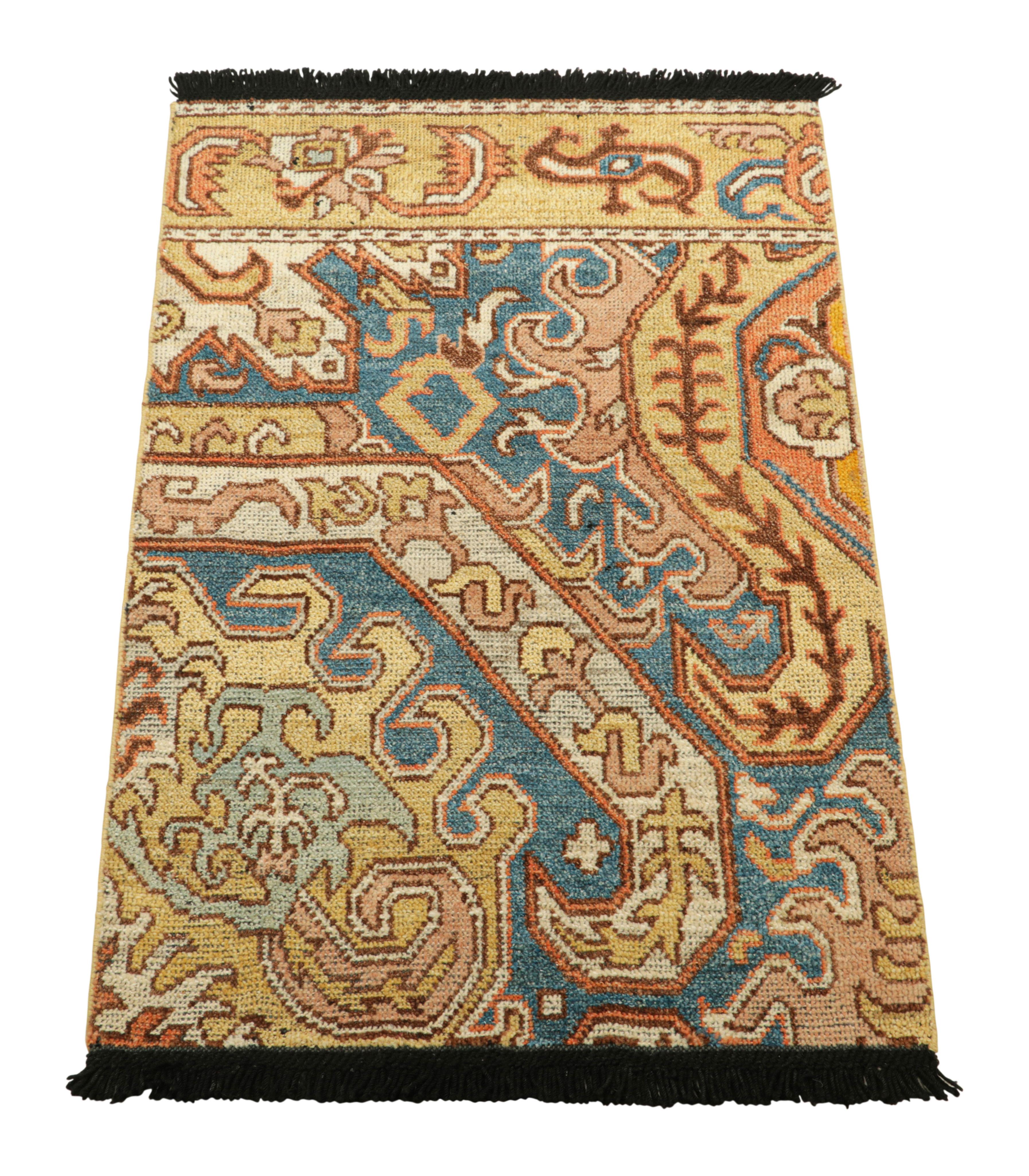 Indian Rug & Kilim’s Dragon Rug in Gold and Blue with Geometric-Floral Patterns For Sale