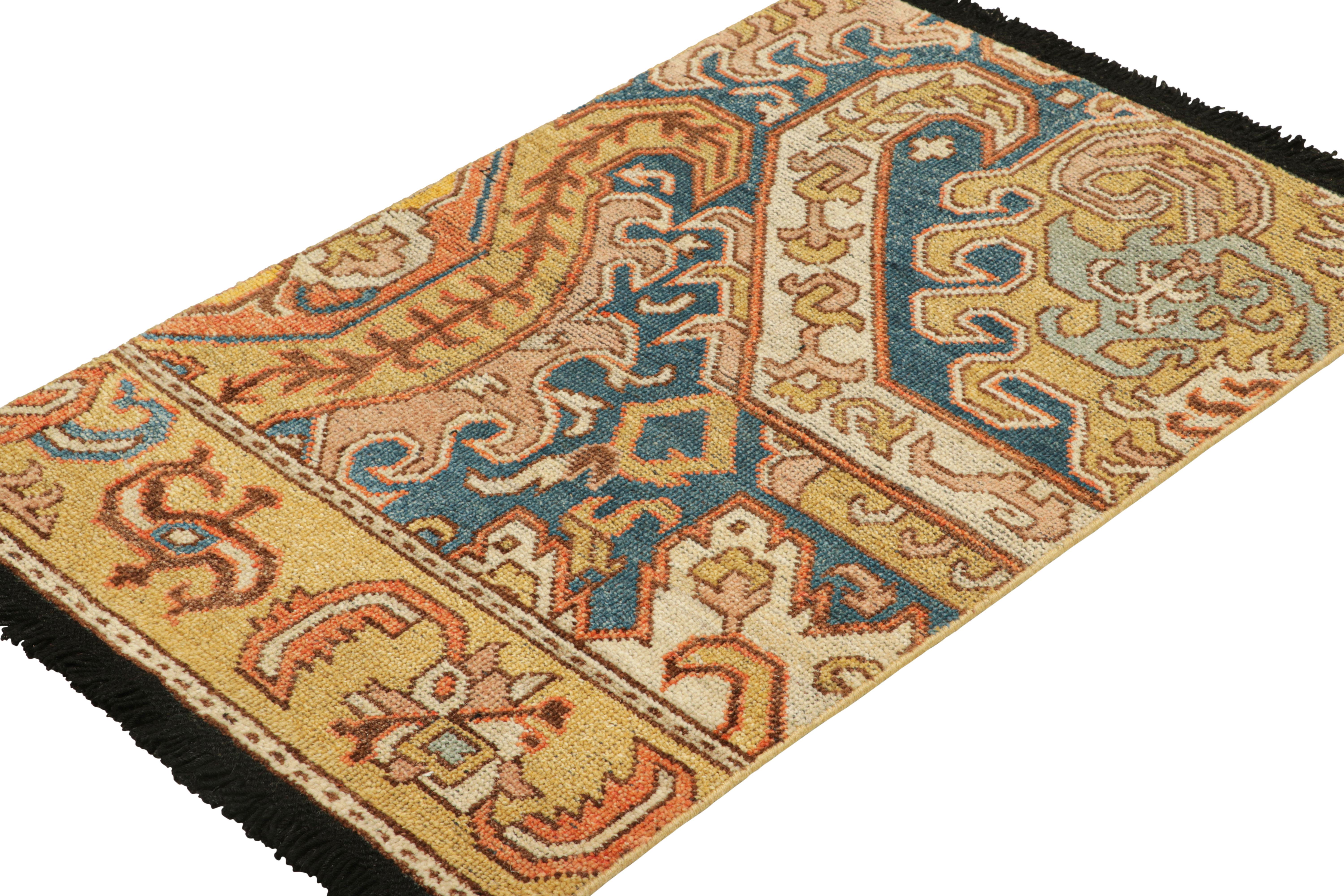 Hand-Knotted Rug & Kilim’s Dragon Rug in Gold and Blue with Geometric-Floral Patterns For Sale