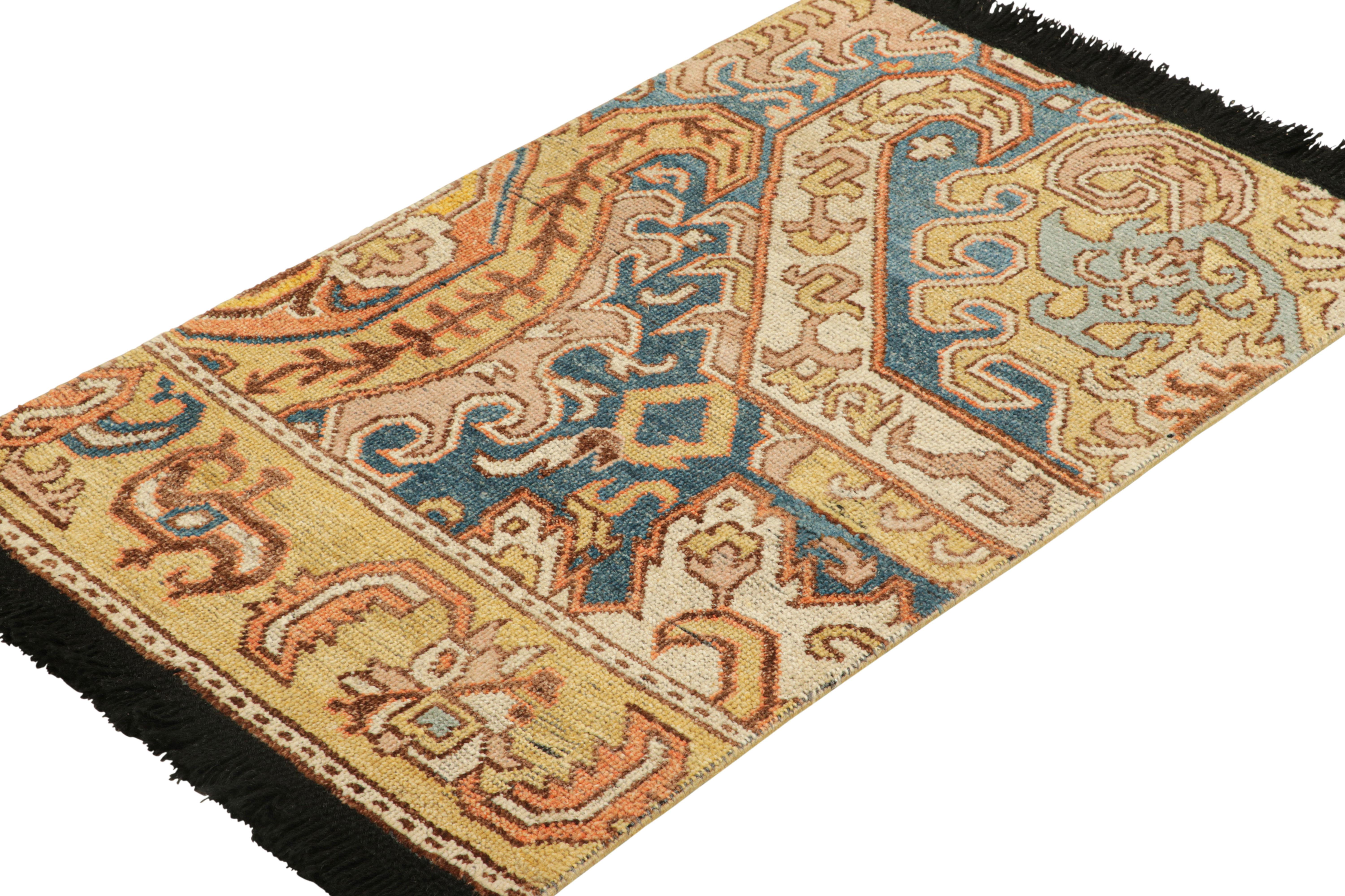Hand-Knotted Rug & Kilim’s Dragon Rug in Gold and Blue with Geometric-Floral Patterns For Sale
