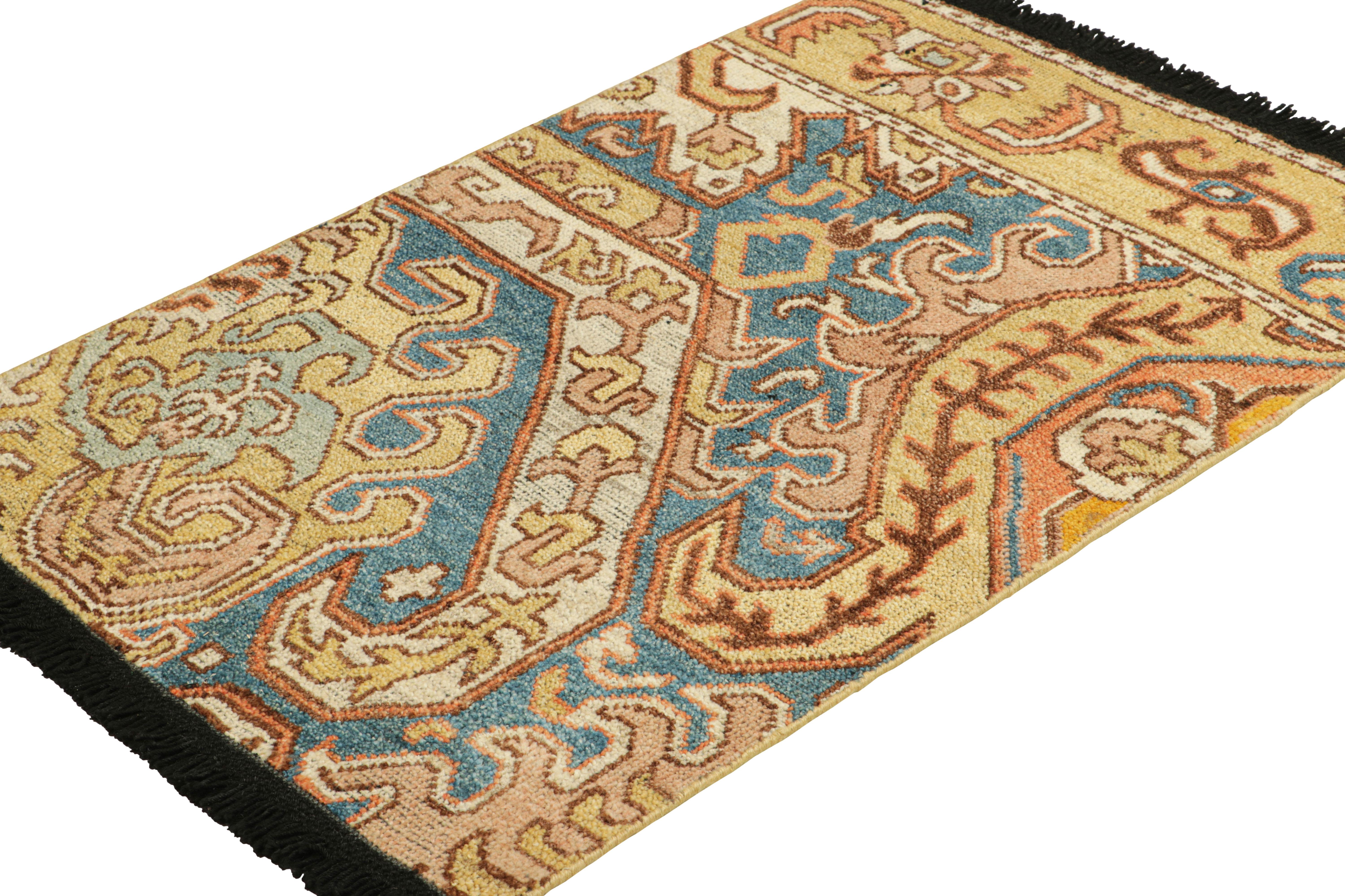 Hand-Knotted Rug & Kilim’s Dragon Rug in Gold and Blue with Geometric-Floral Patterns For Sale