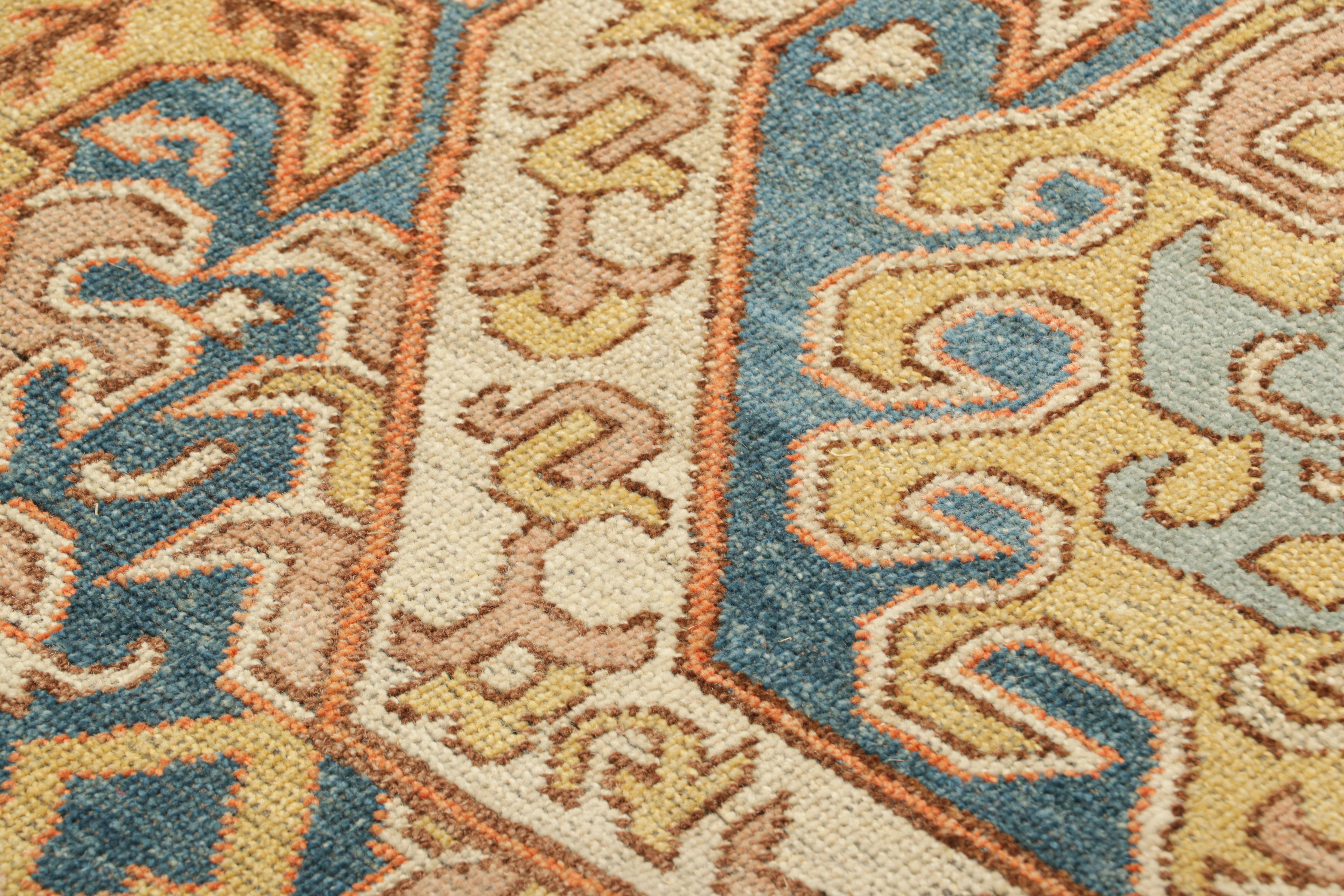 Contemporary Rug & Kilim’s Dragon Rug in Gold and Blue with Geometric-Floral Patterns For Sale
