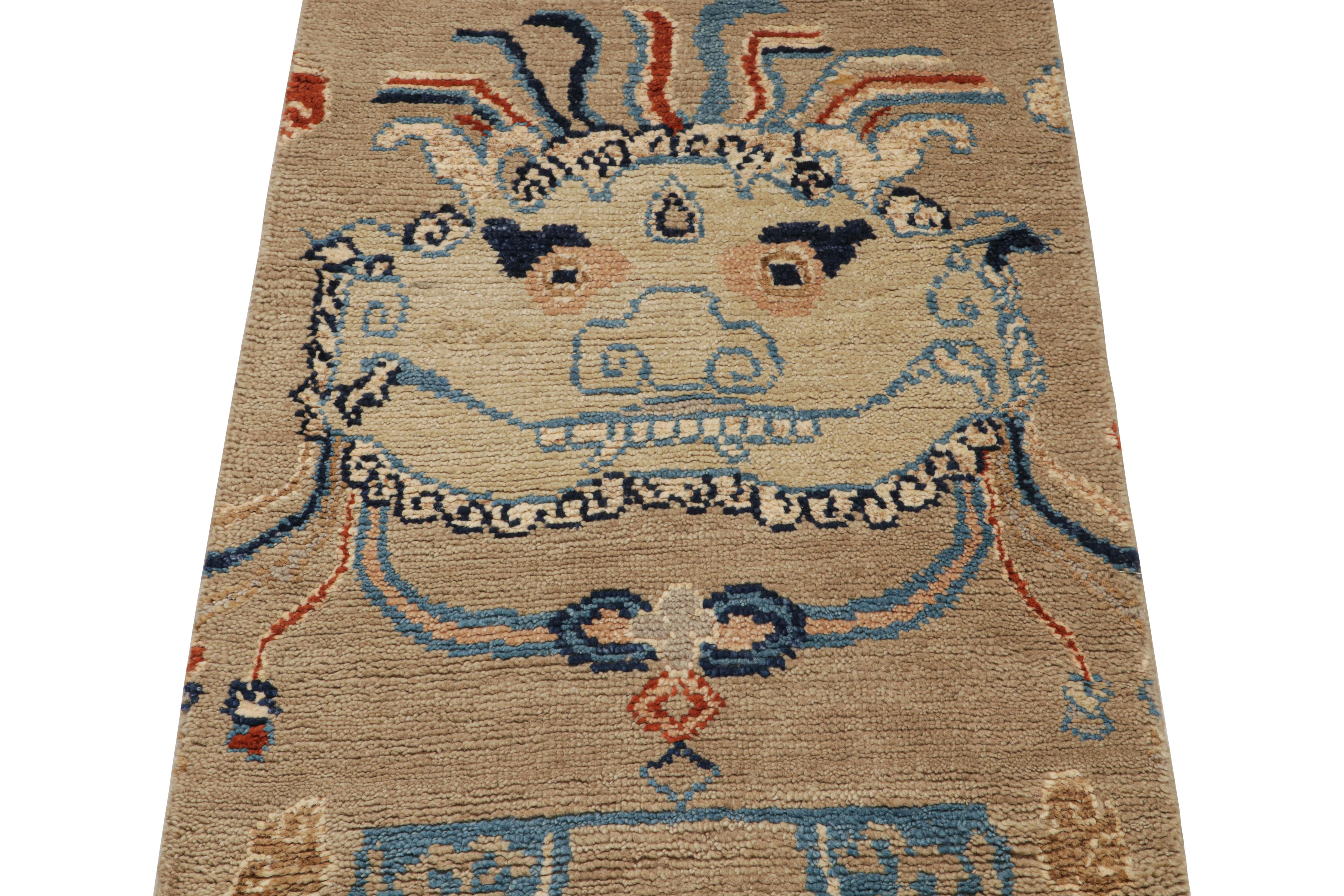 Modern Rug & Kilim’s Dragon Scatter Rug in Beige with Orange and Blue Pictorial For Sale