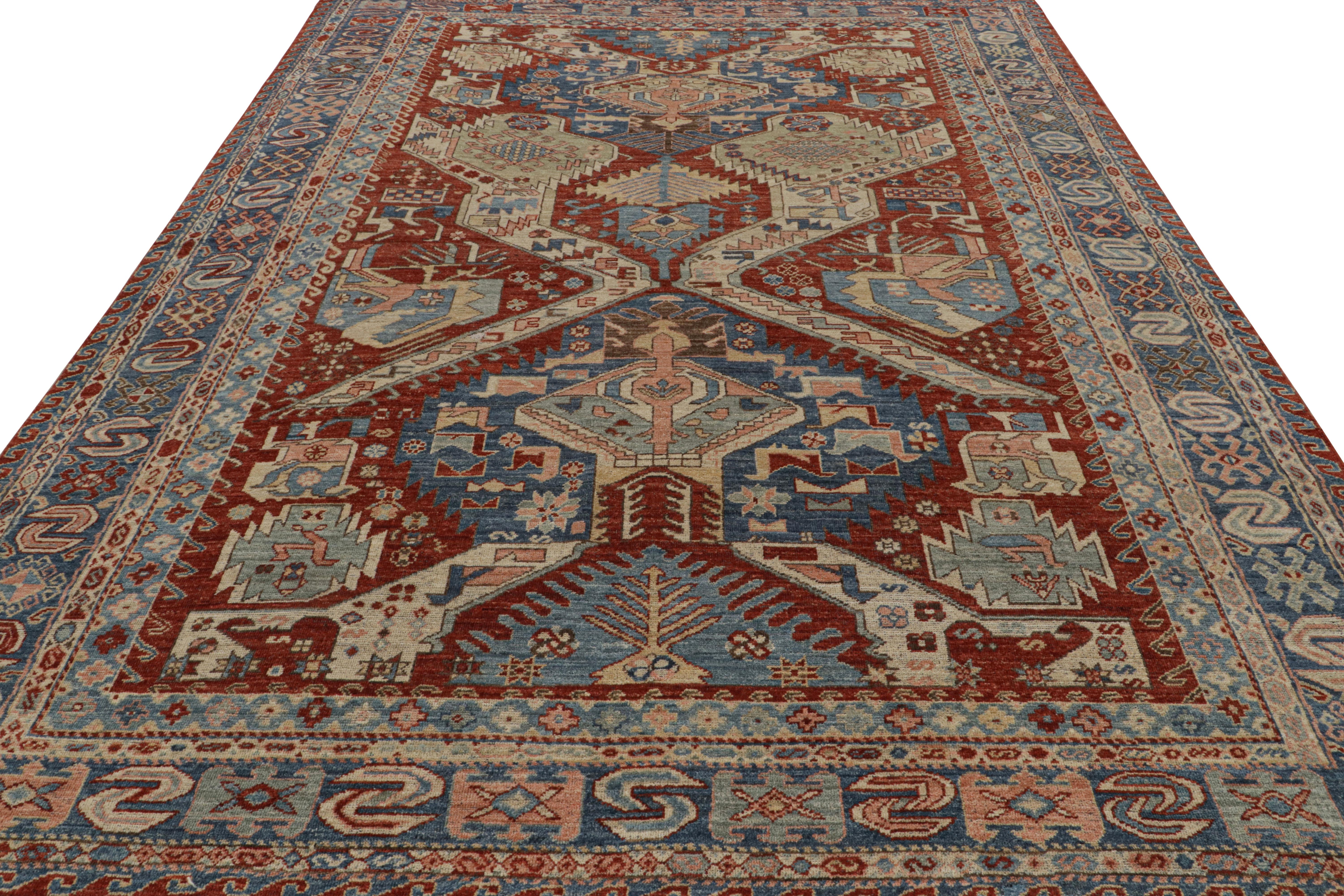 Tribal Rug & Kilim’s Dragon Soumak Style Rug in Red and Blue Geometric Patterns For Sale