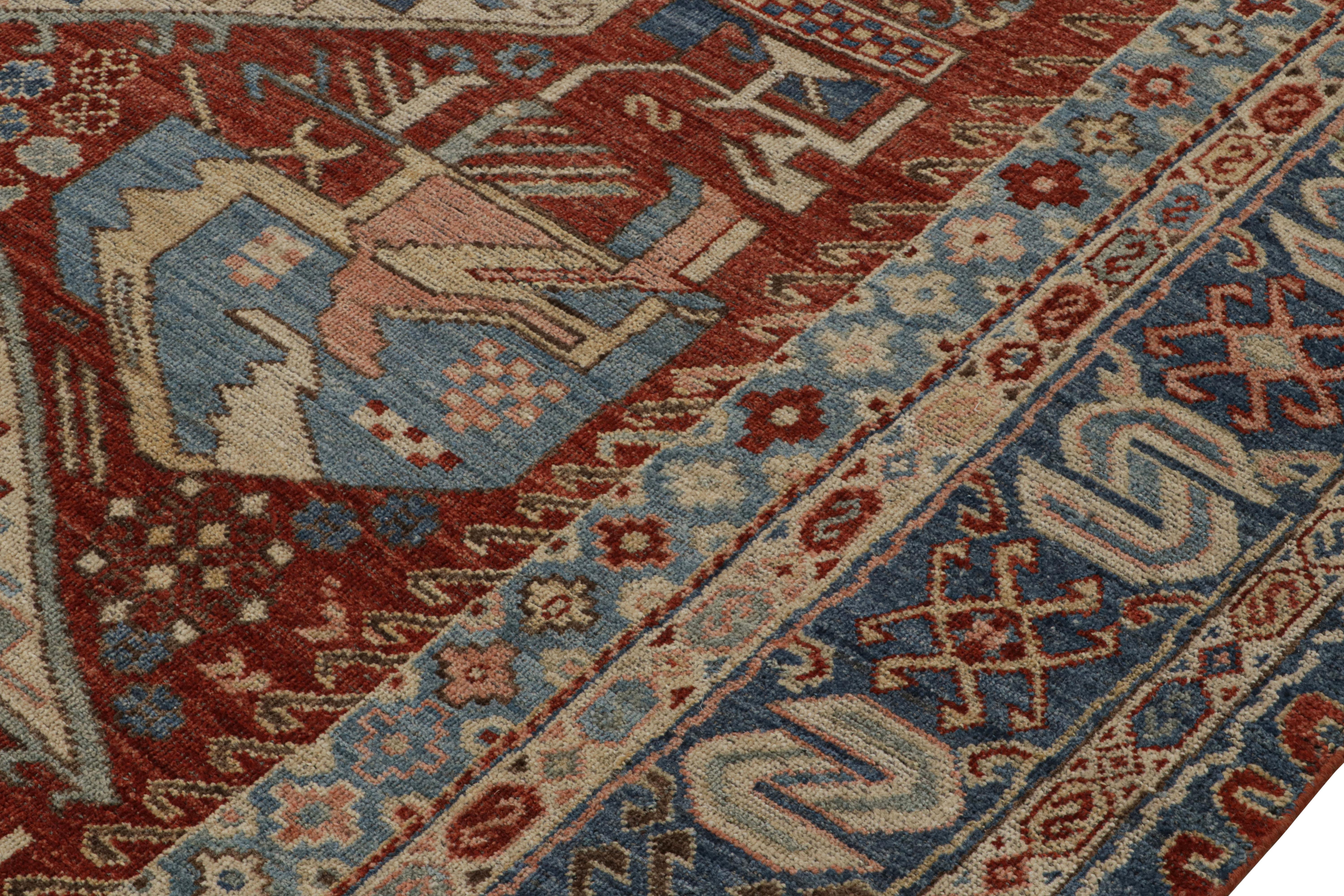 Indian Rug & Kilim’s Dragon Soumak Style Rug in Red and Blue Geometric Patterns For Sale