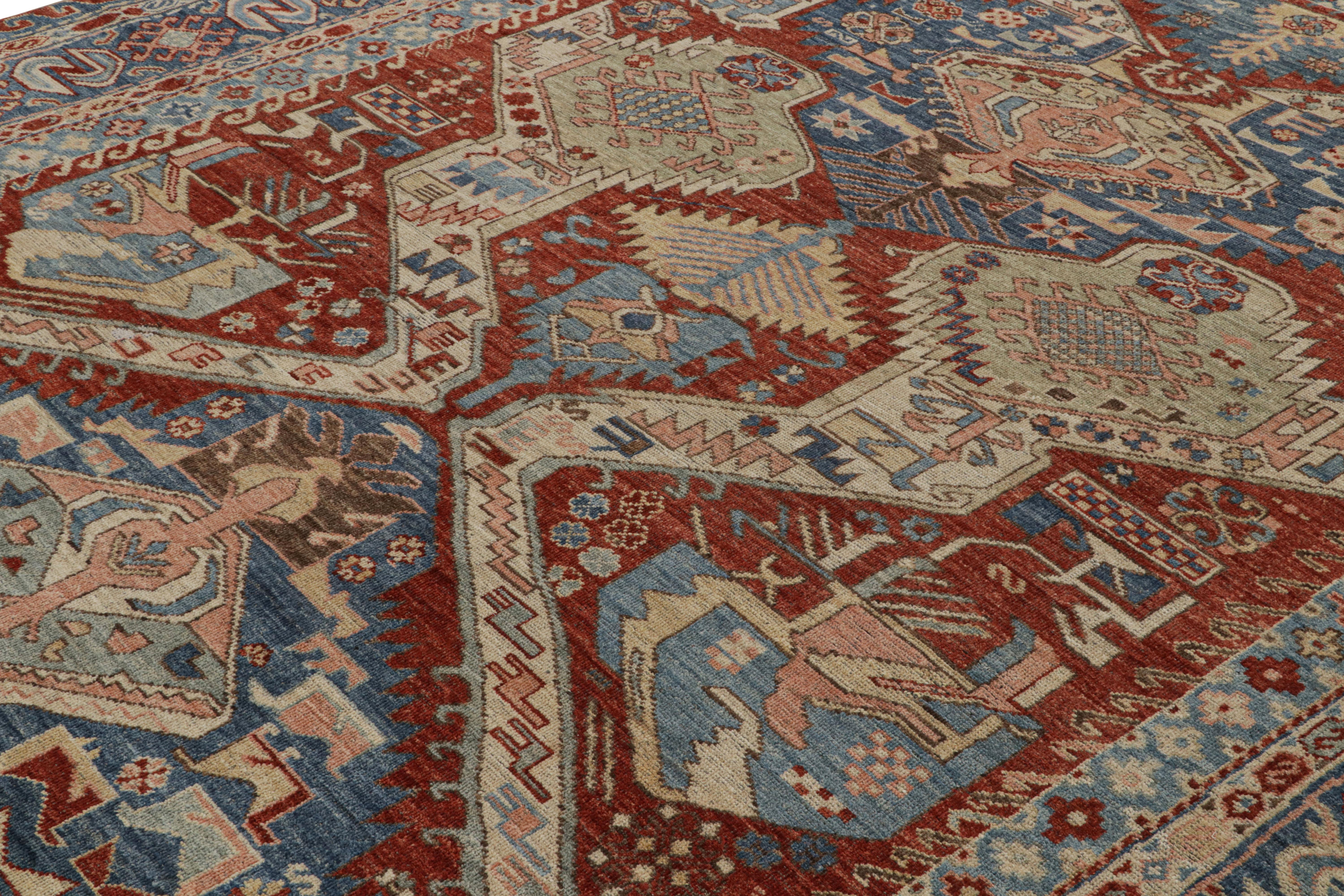 Hand-Knotted Rug & Kilim’s Dragon Soumak Style Rug in Red and Blue Geometric Patterns For Sale