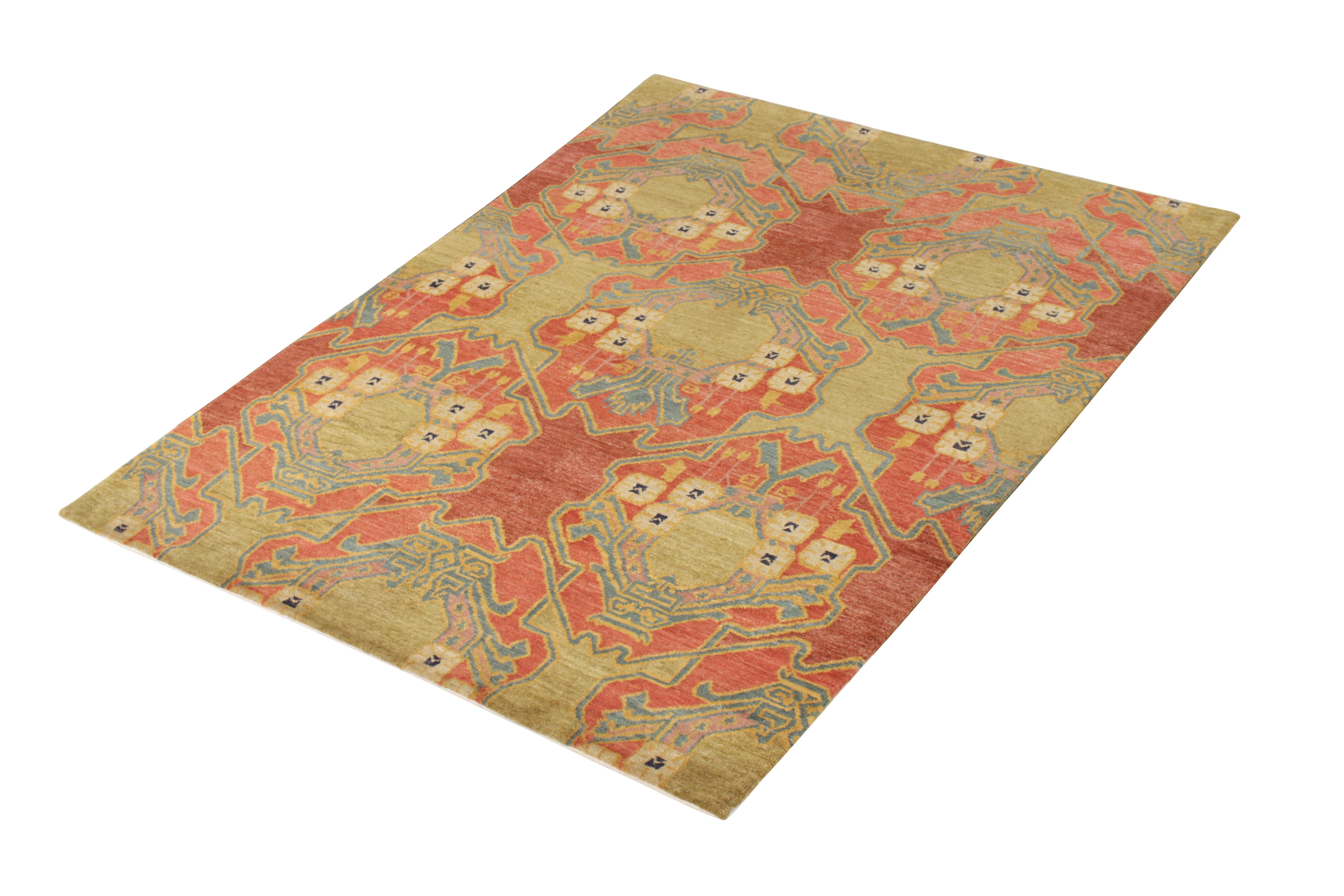 A 6x9 ode to Ersari rug inspirations in red and green, from Rug & Kilim’s Modern Classics Collection. This hand-knotted wool rug is a new piece from designer Teddy Sumner, exemplifying his take to classic looks. Tasteful blue and gold accents both