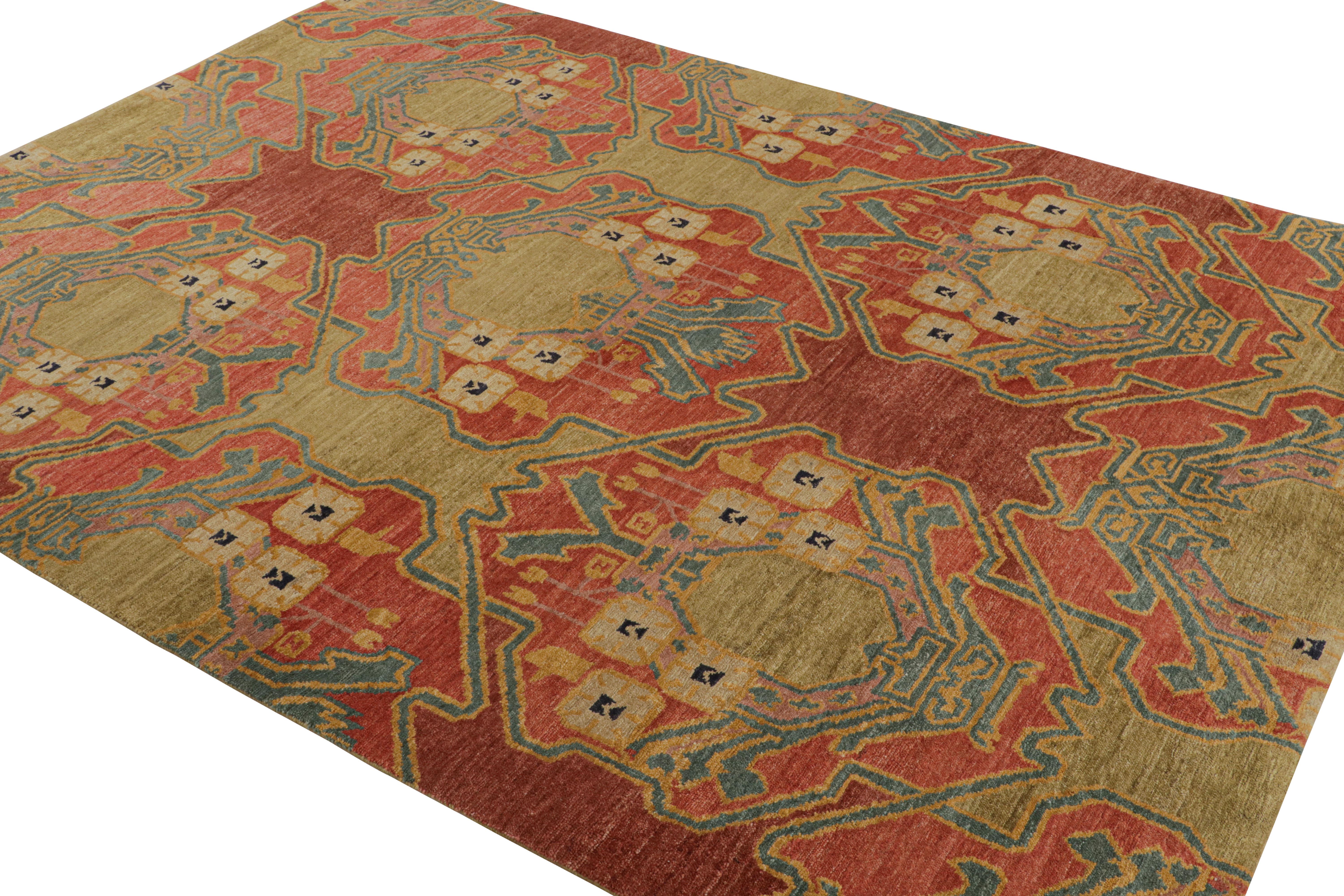 A 6x9 ode to Ersari rug inspirations in red and green, from Rug & Kilim’s Modern Classics Collection. This hand-knotted wool rug is a new piece from designer Teddy Sumner, exemplifying his take to classic looks. Tasteful blue and gold accents both