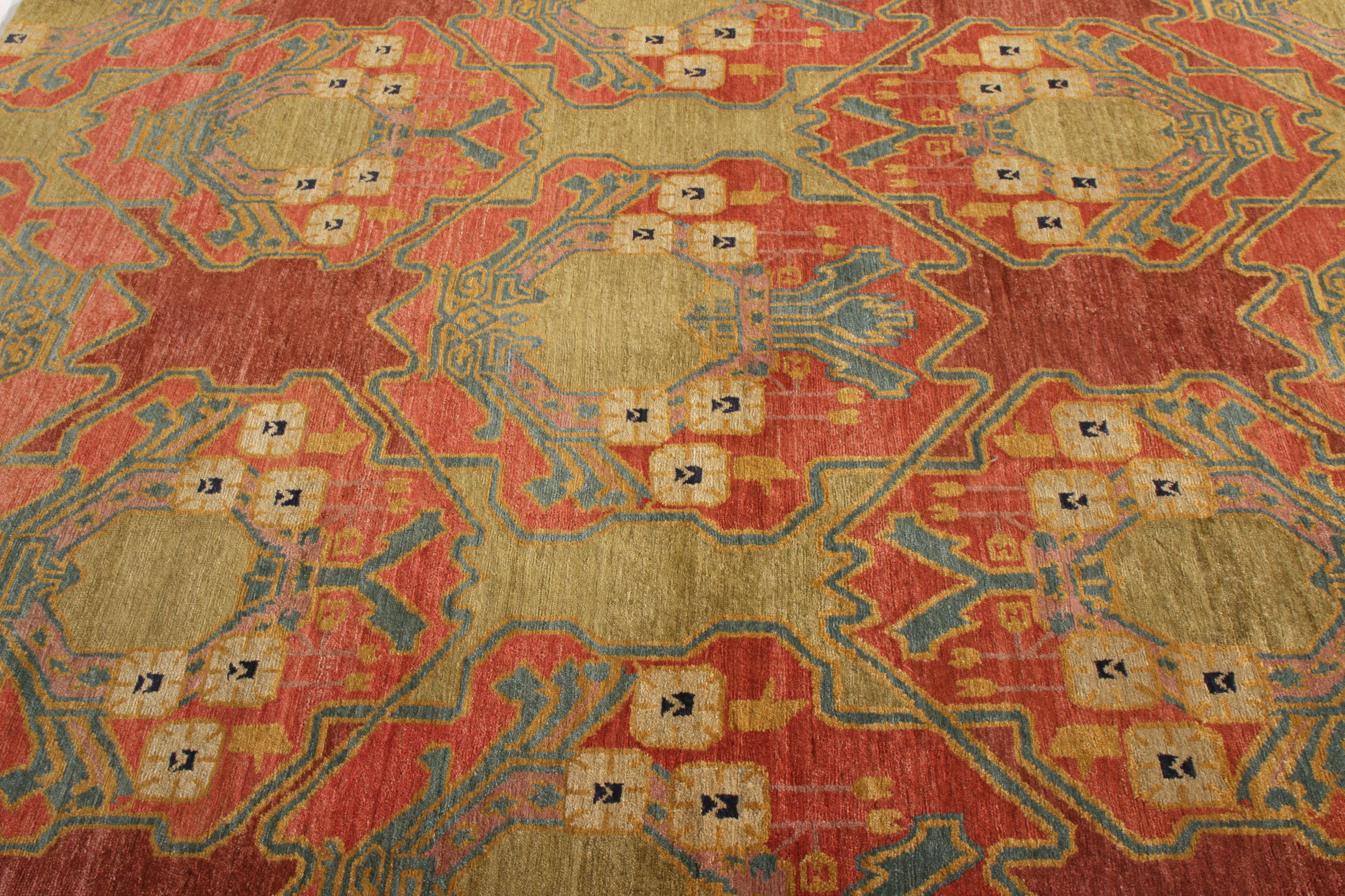 Nepalese Rug & Kilim’s Ersari Style Rug in Red and Green Geometric Pattern For Sale
