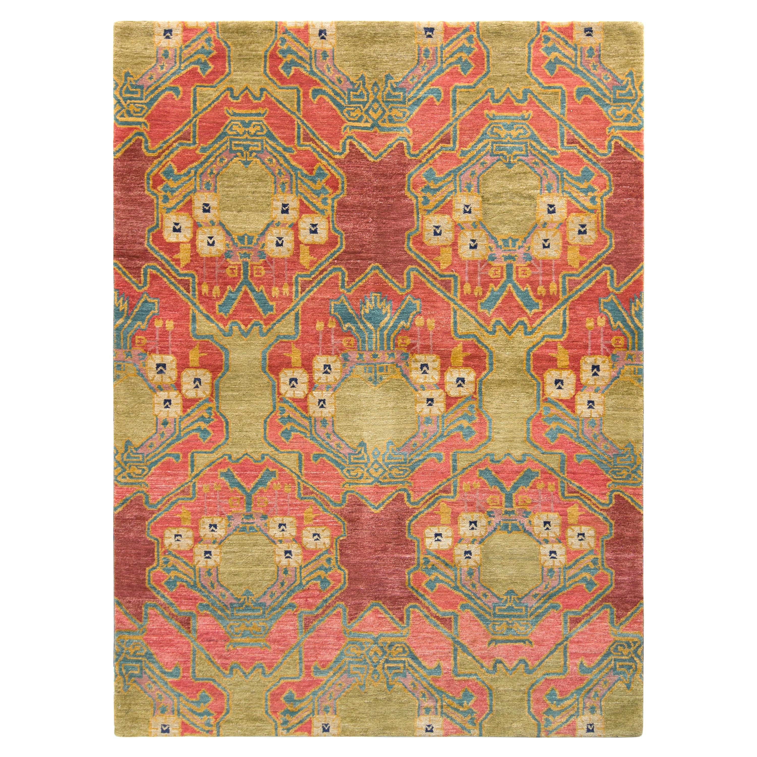 Rug & Kilim’s Ersari Style Rug in Red and Green Geometric Pattern For Sale
