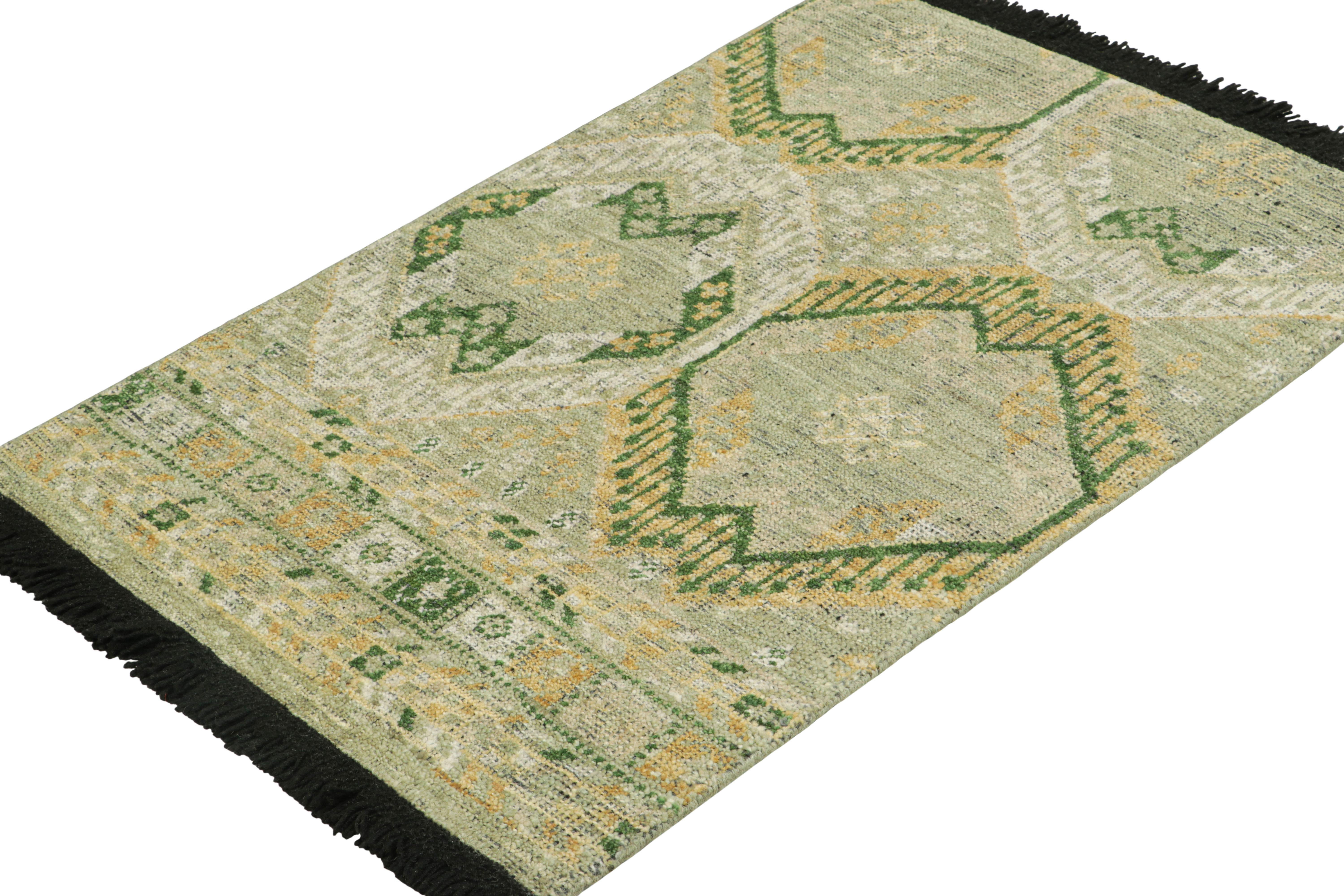 Indian Rug & Kilim’s Ersari Style Rug with Gold, Green, and White Geometric Patterns For Sale