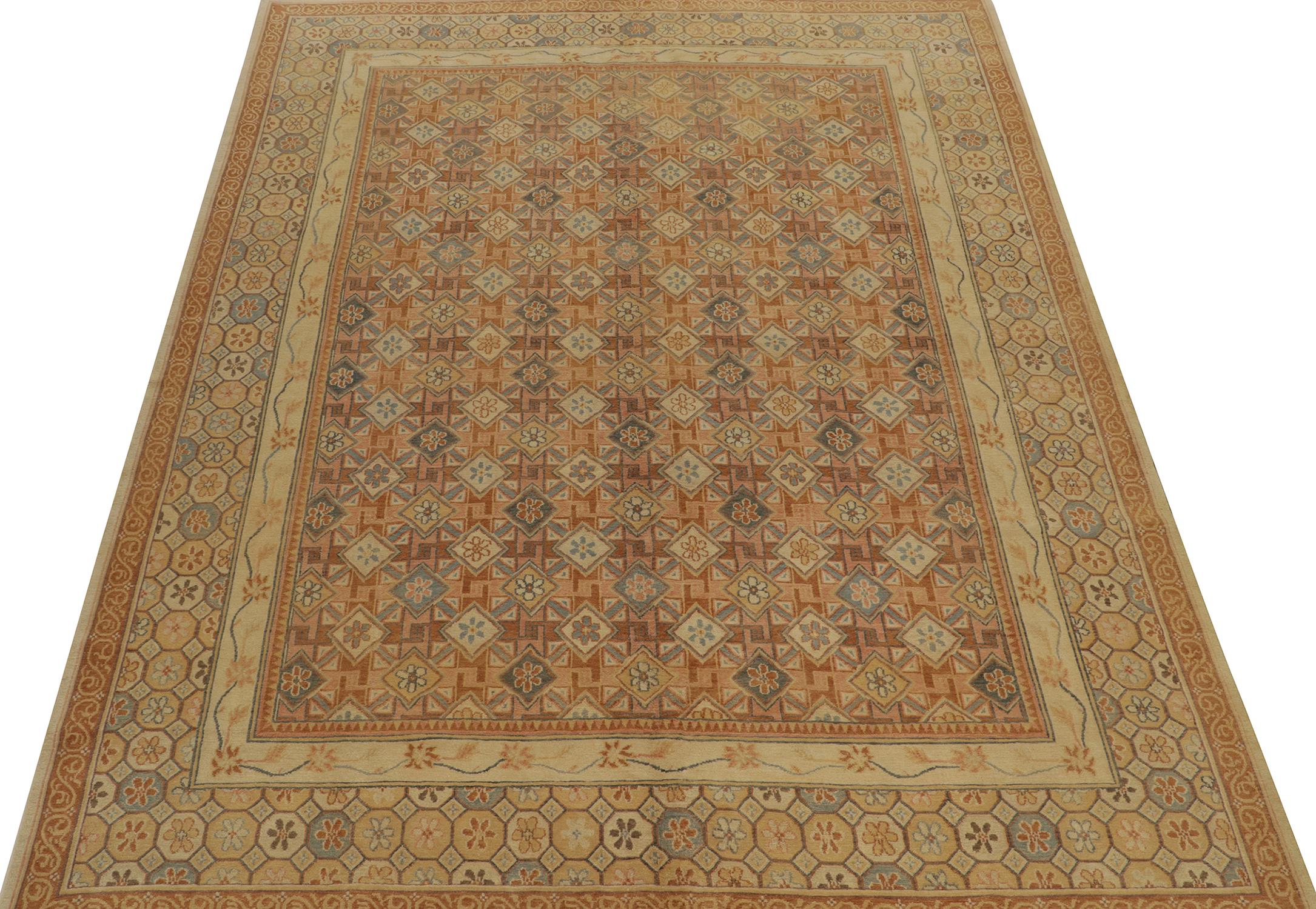 Nepalese Rug & Kilim’s European Art Deco style rug in Beige and Blue Pattern For Sale