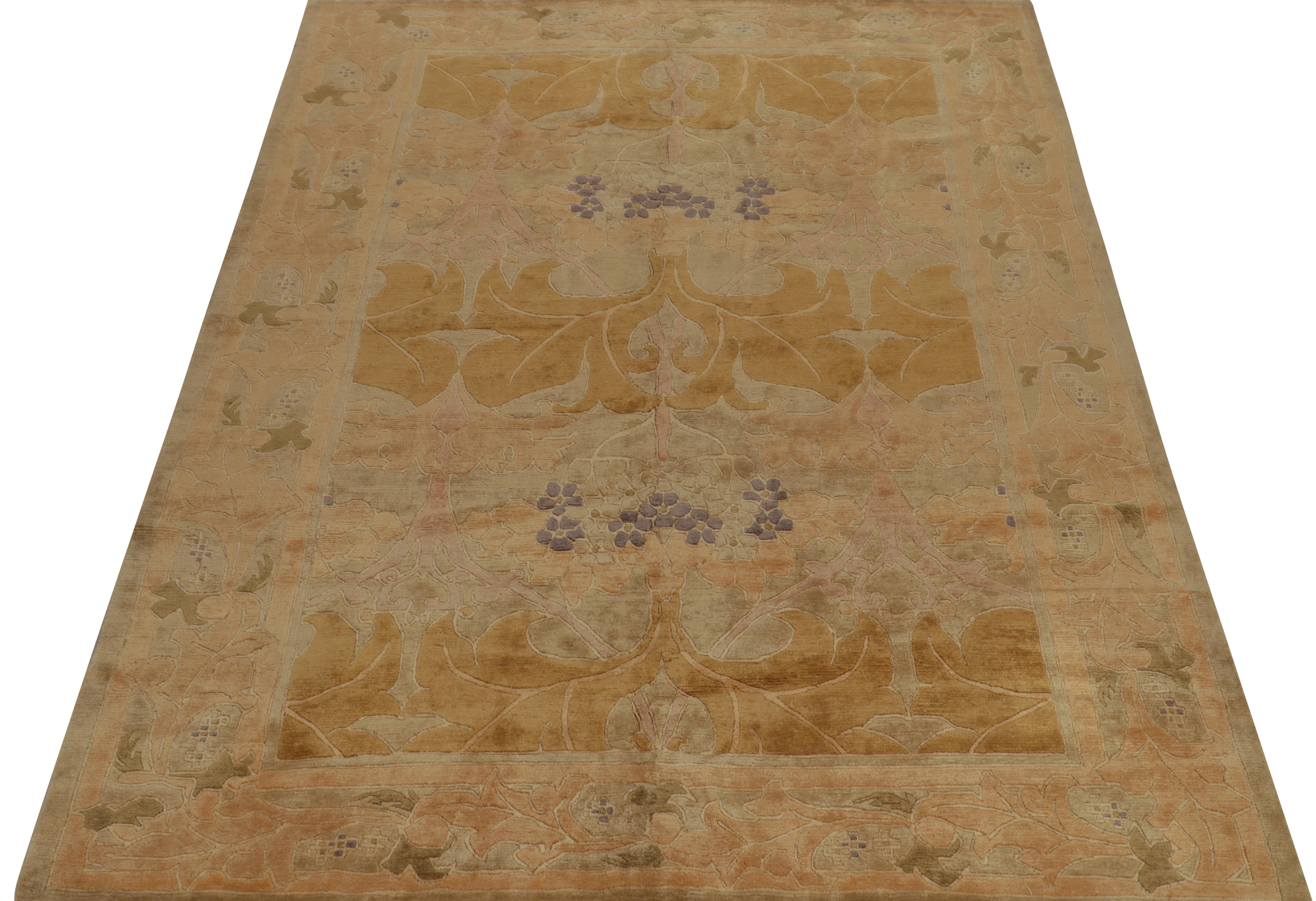Nepalese Rug & Kilim’s European Art Nouveau Style Rug in Beige and Gold Floral Pattern For Sale